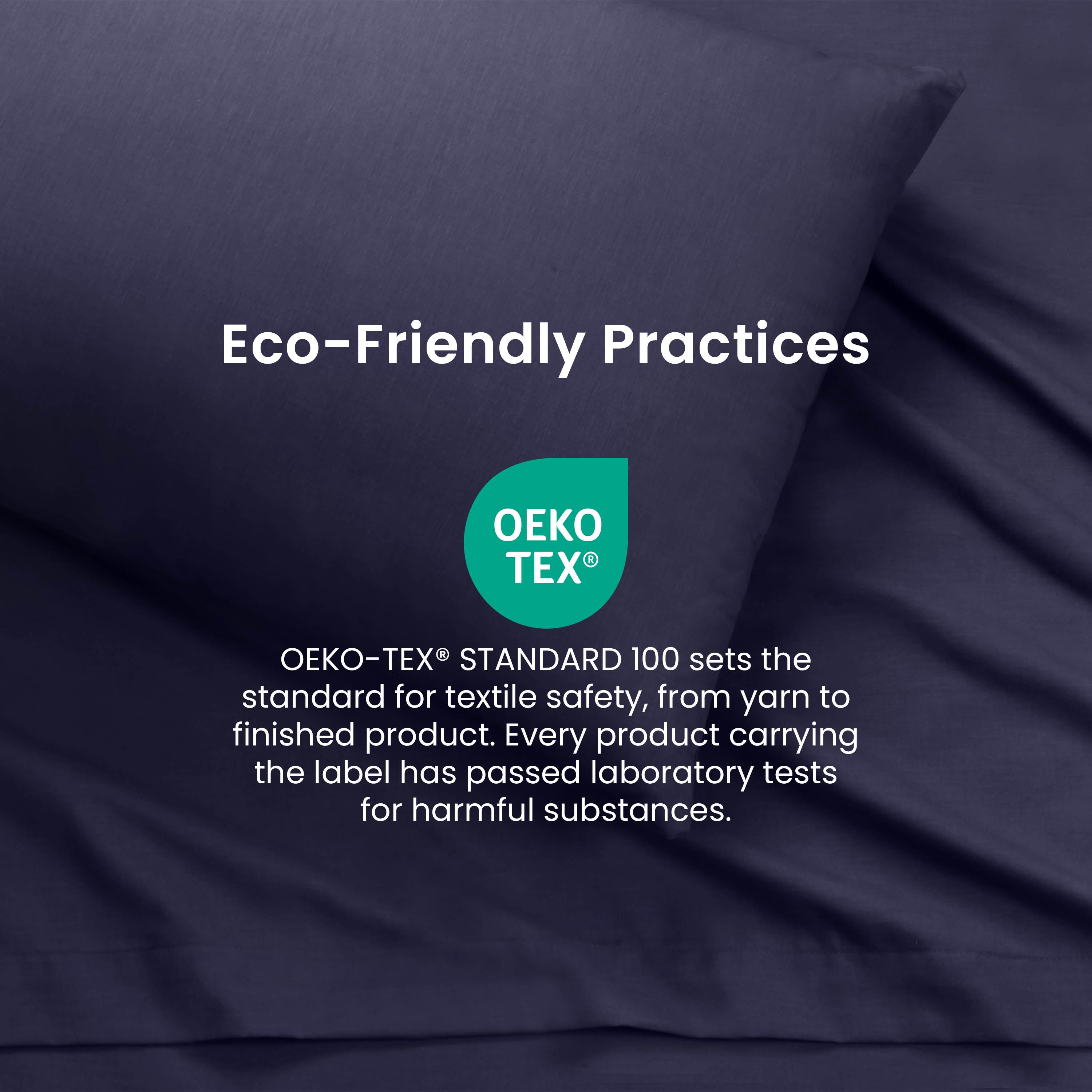 Dark purple sheets with a pillow, featuring the OEKO-TEX® STANDARD 100 certification for textile safety.