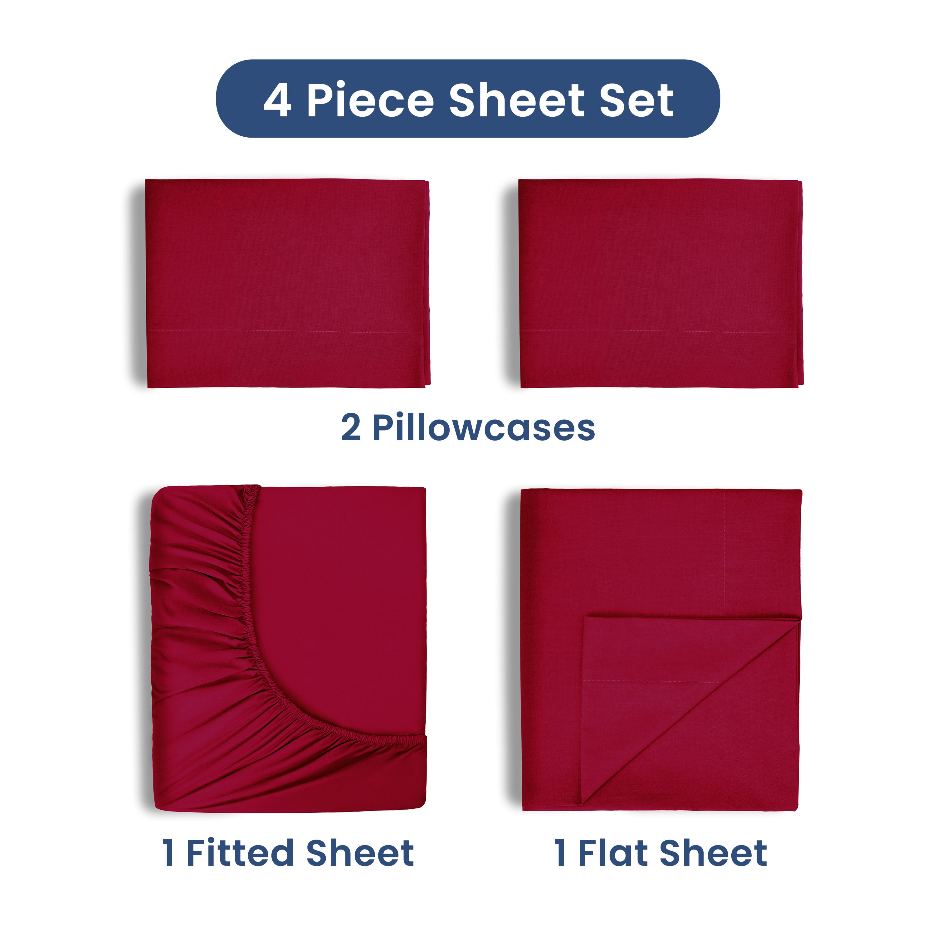 Four-piece sheet set in red, including two pillowcases, one fitted sheet, and one flat sheet.