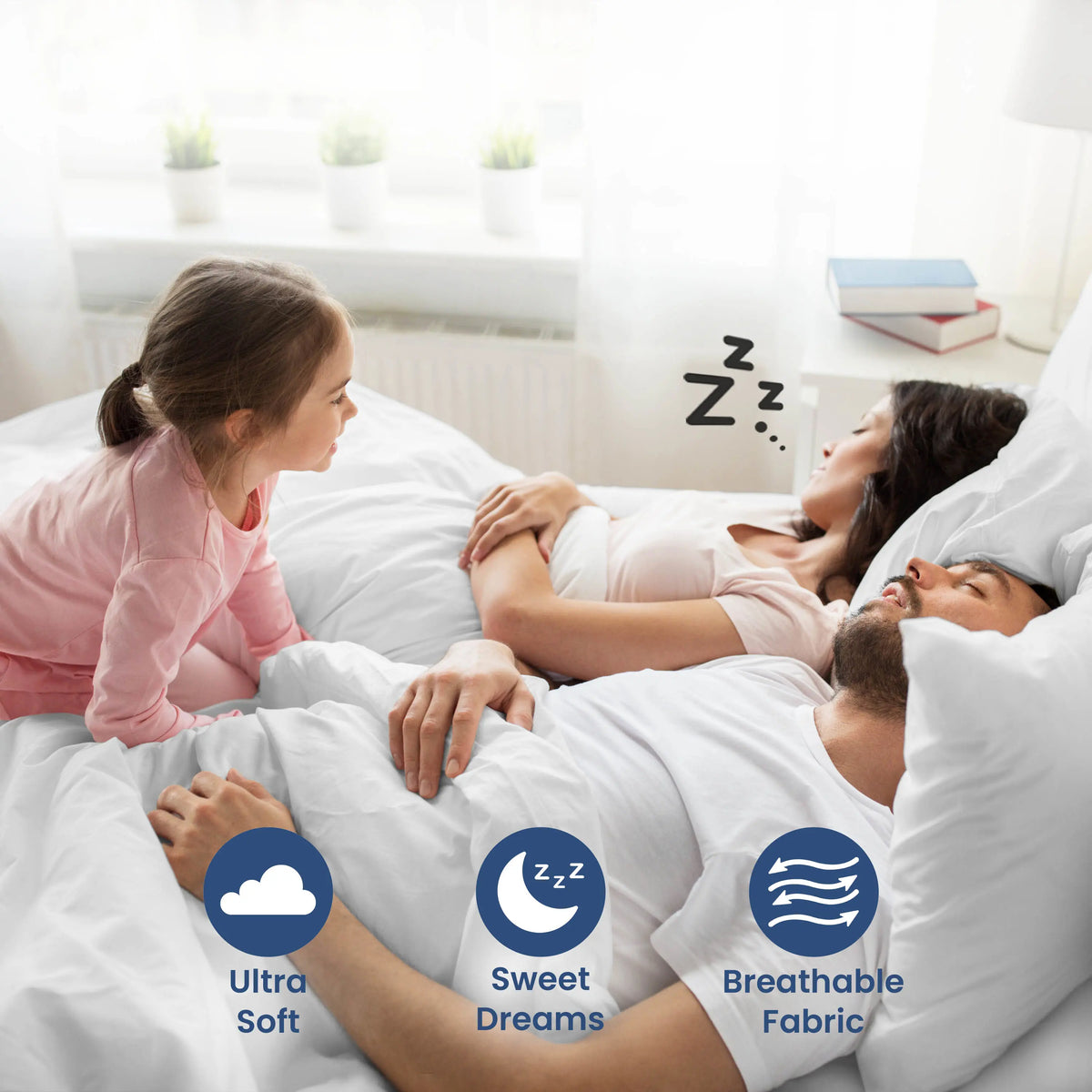 Parent sleeping on a white bedding