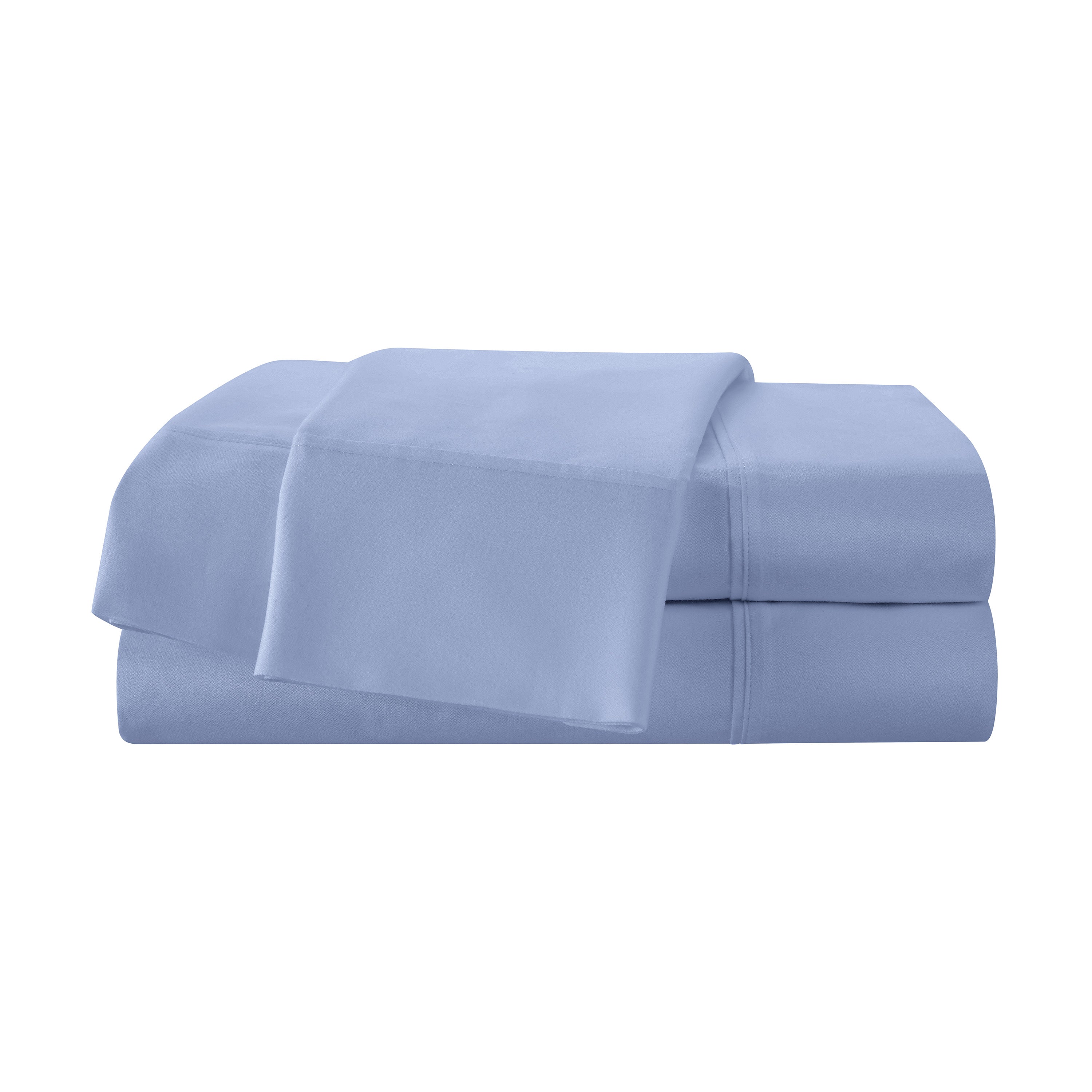 Light blue cotton sheet set with a flat sheet and fitted sheet stacked neatly.