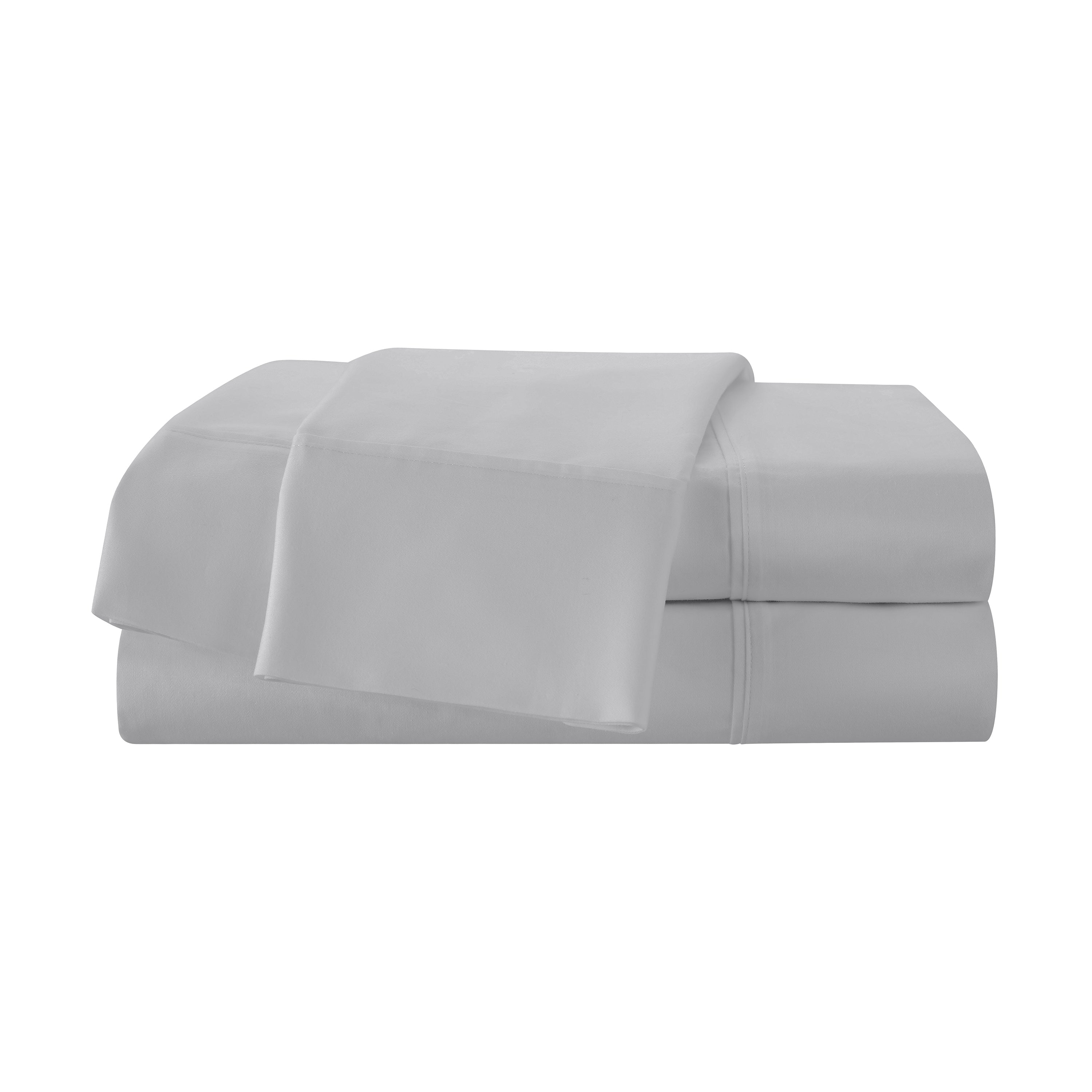 Light gray cotton sheet set stacked neatly, featuring a flat sheet and fitted sheet with subtle stitching details.