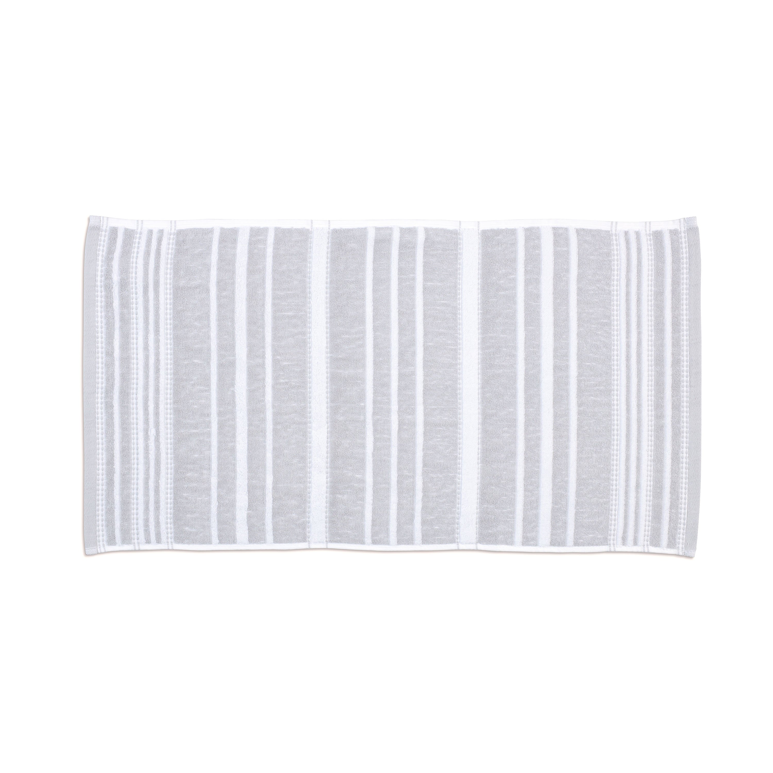 Gray towel featuring alternating batten stripes in white.