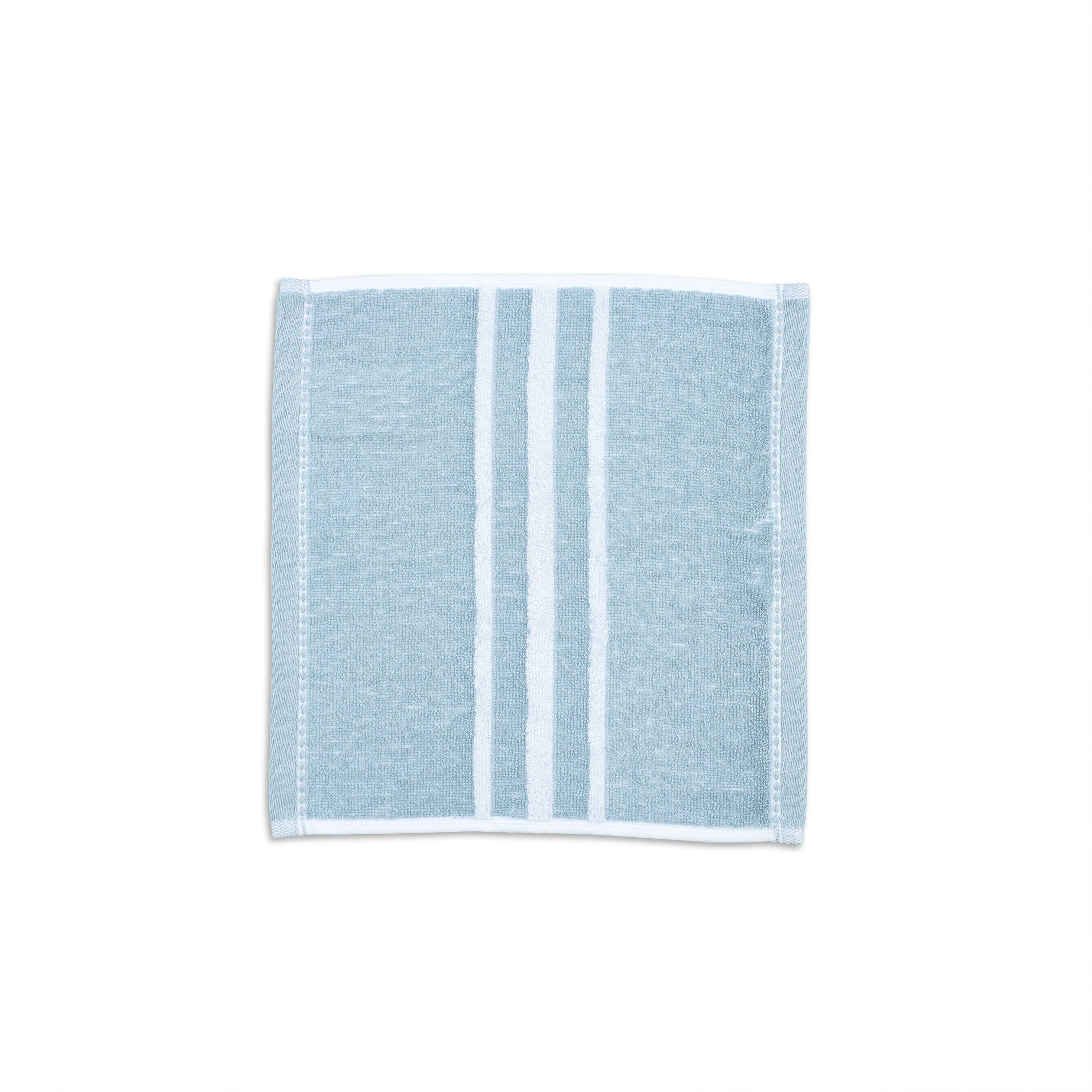 Light blue towel with white batten stripes and finished edges.