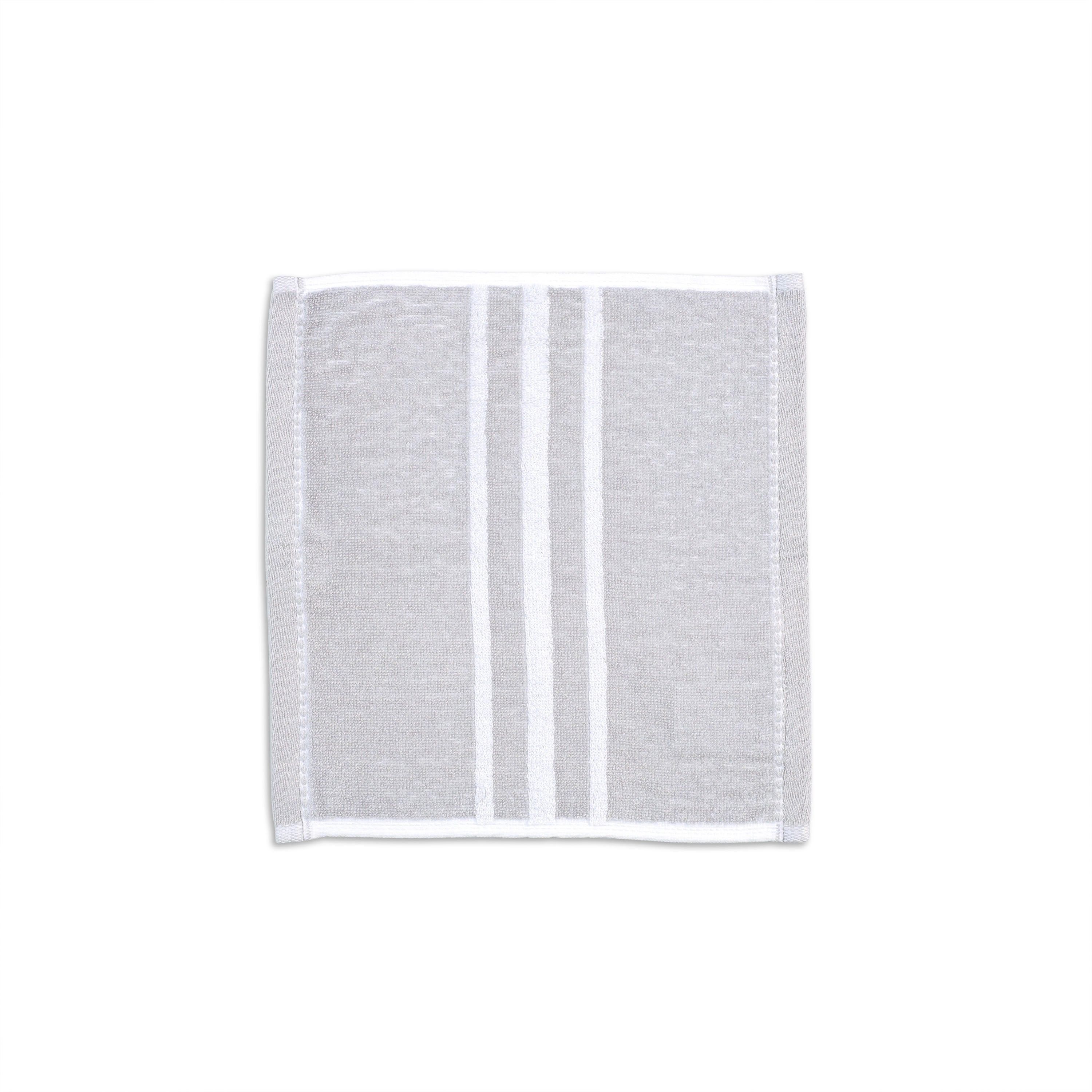 Gray towel with white batten stripes and finished edges.