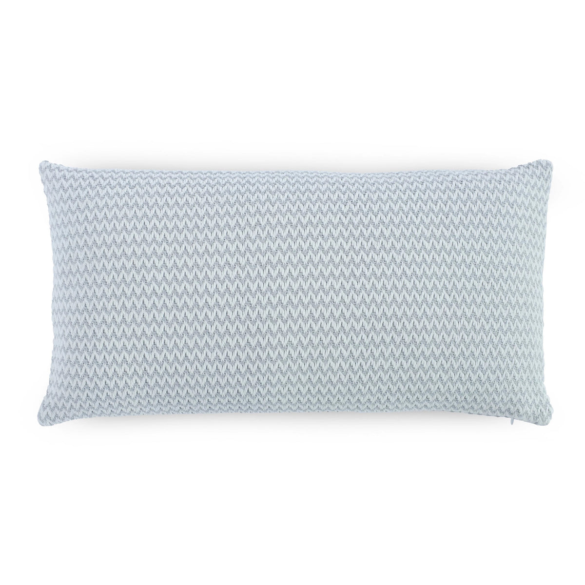 Front view of blue decorative pillow on a white background.
