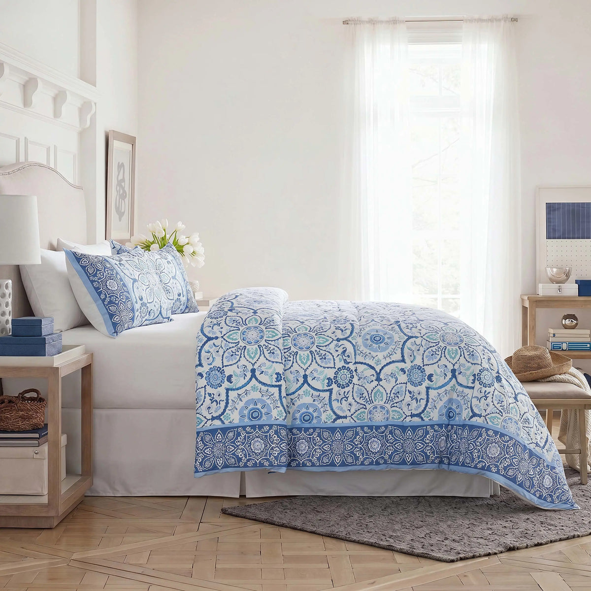 Side view of comforter set on a bed