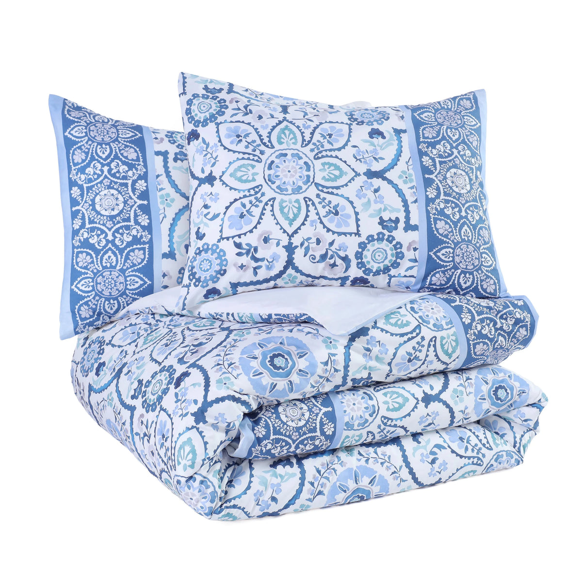 Stack of blue comforter set
