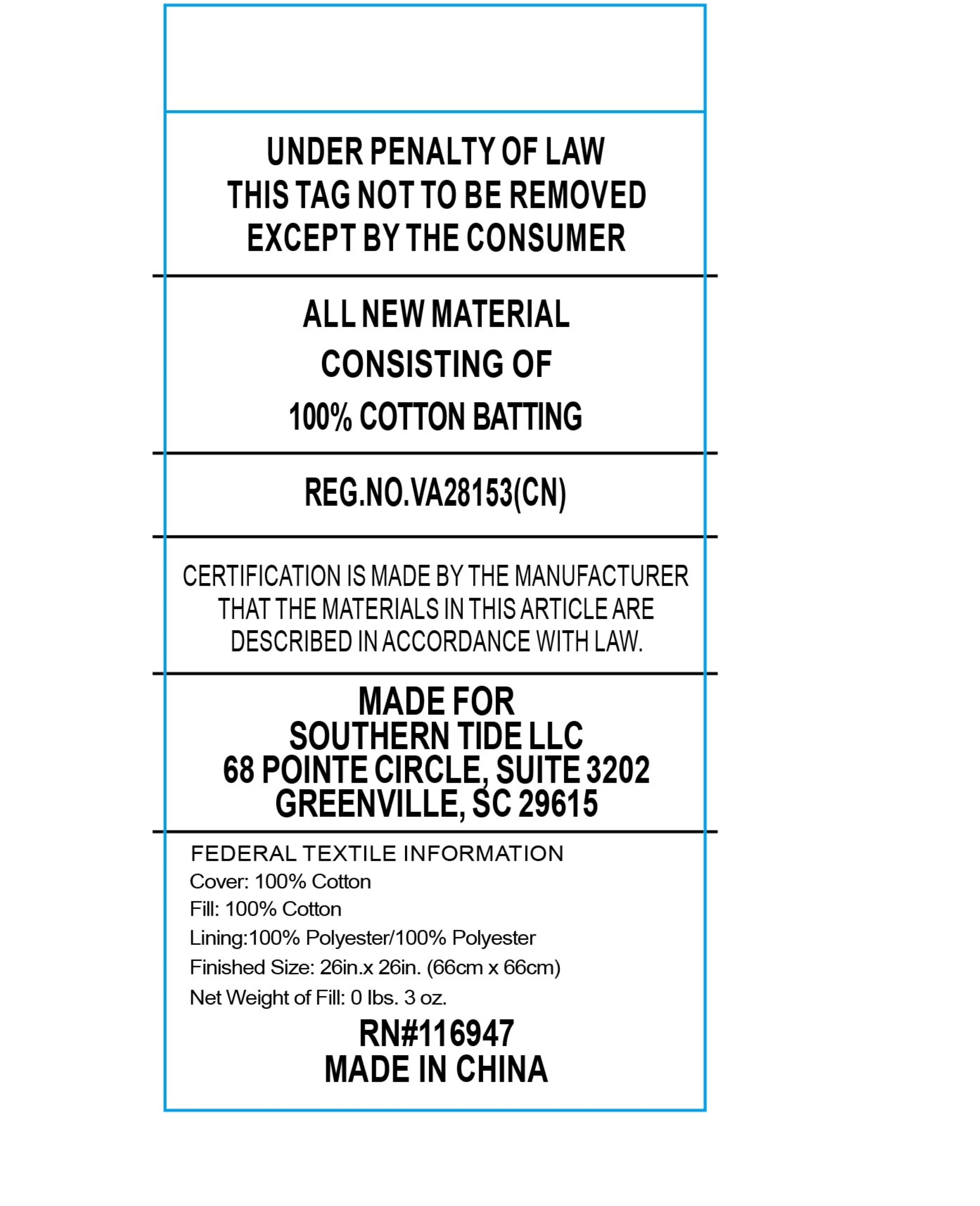 Tag detailing material composition and care instructions for Southern Tide Laurel Grove Quilt, made in China.