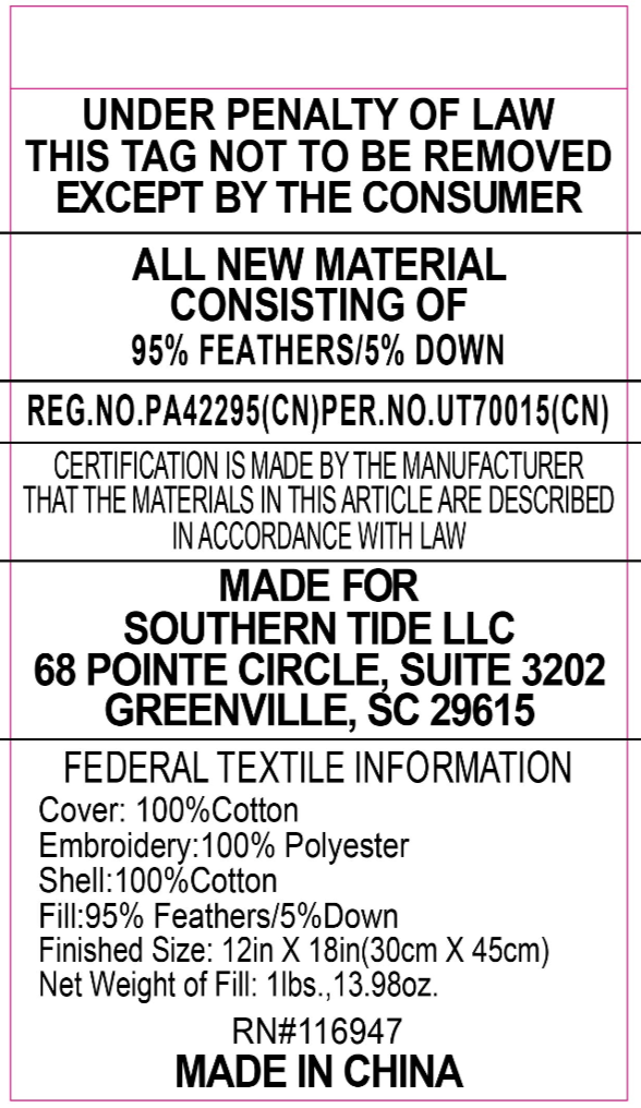 Made for Southern Tide. Cover: 100% Cotton. Fill: 95% Feather 5% Down. See dimensions for sizes. Made in China.