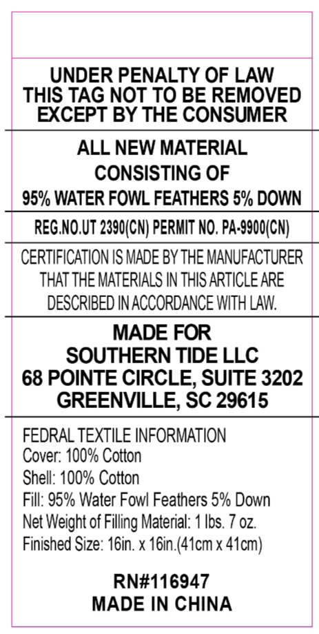 Made for Southern Tide. Cover: 100% Cotton. Shell: 100% Cotton. Fill: 95% Feather 5% Down. See dimensions for sizes. Made in China.