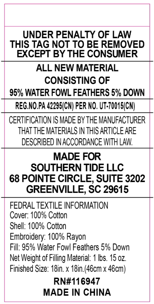 Made for Southern Tide. Cover: 100% Cotton. Shell: 100% Cotton. Embroidery: 100% Rayon. Fill: 95% Feather 5% Down. See dimensions for sizes. Made in China.
