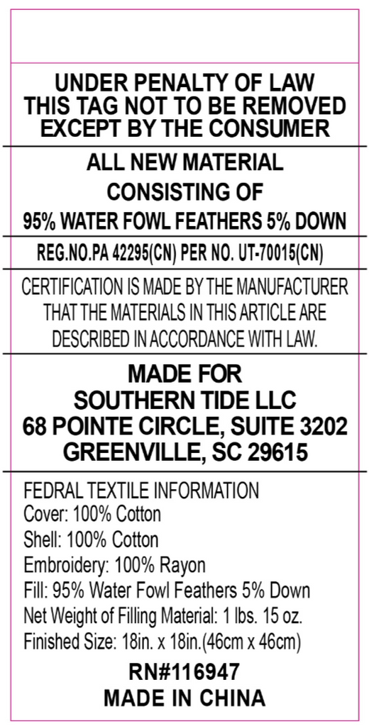 Made for Southern Tide. Cover: 100% Cotton. Fill: 95% Feather 5% Down. See dimensions for sizes. Made in China.
