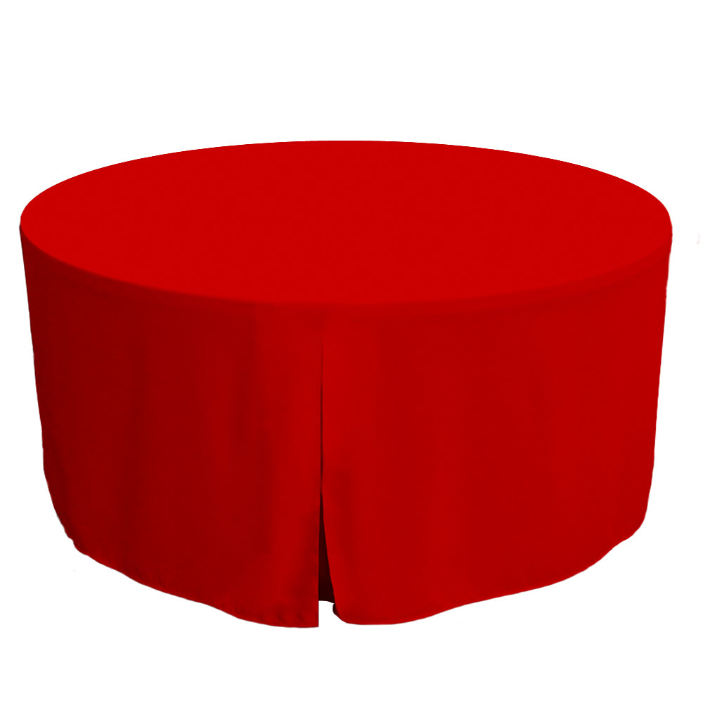 Red round table cover designed for a 60-inch table, featuring a seamless drape.