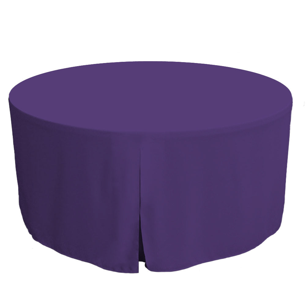 Round table cover in solid purple, designed for a 60-inch table with a draped edge.