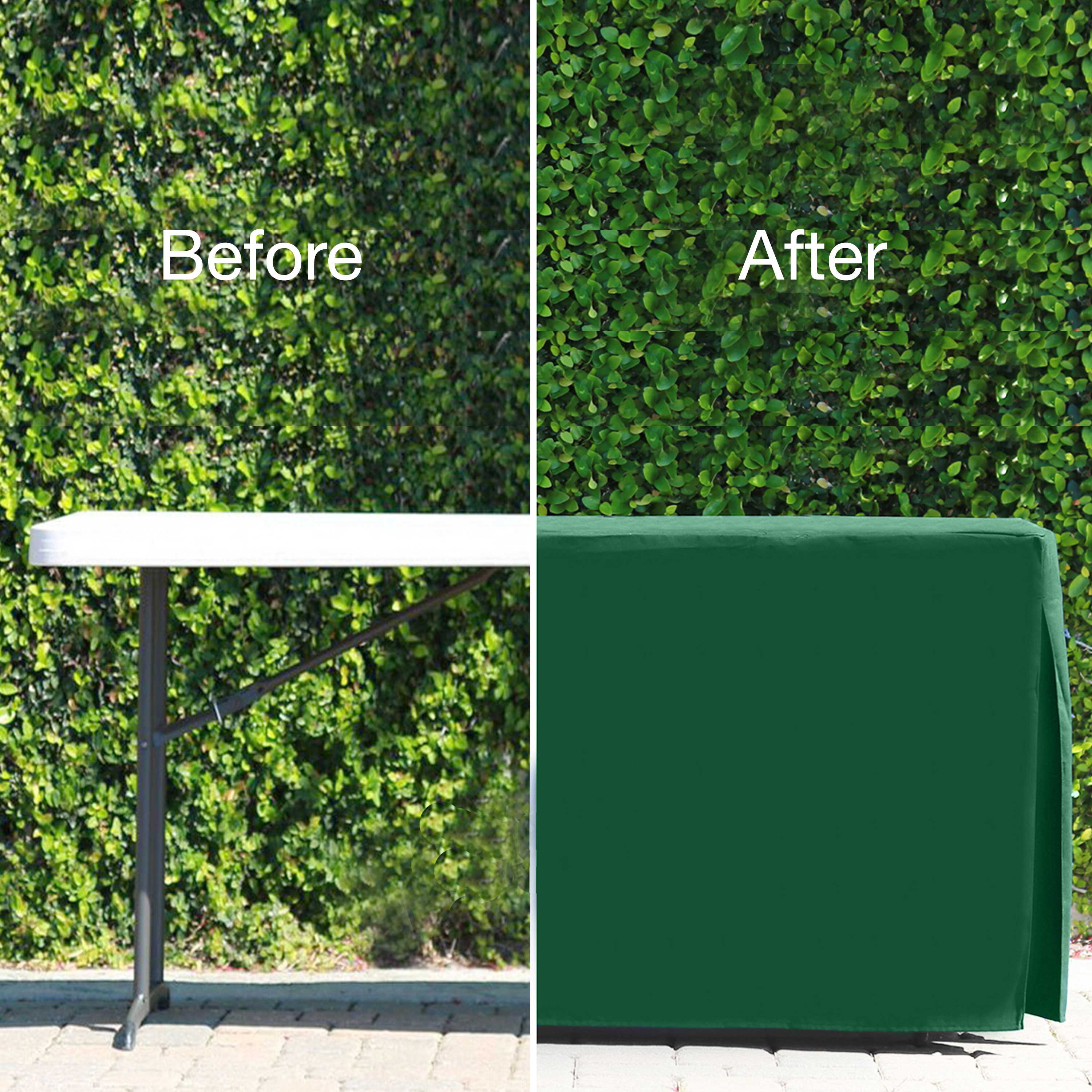 Before and after comparison of a table covered with a green table cover against a leafy background.
