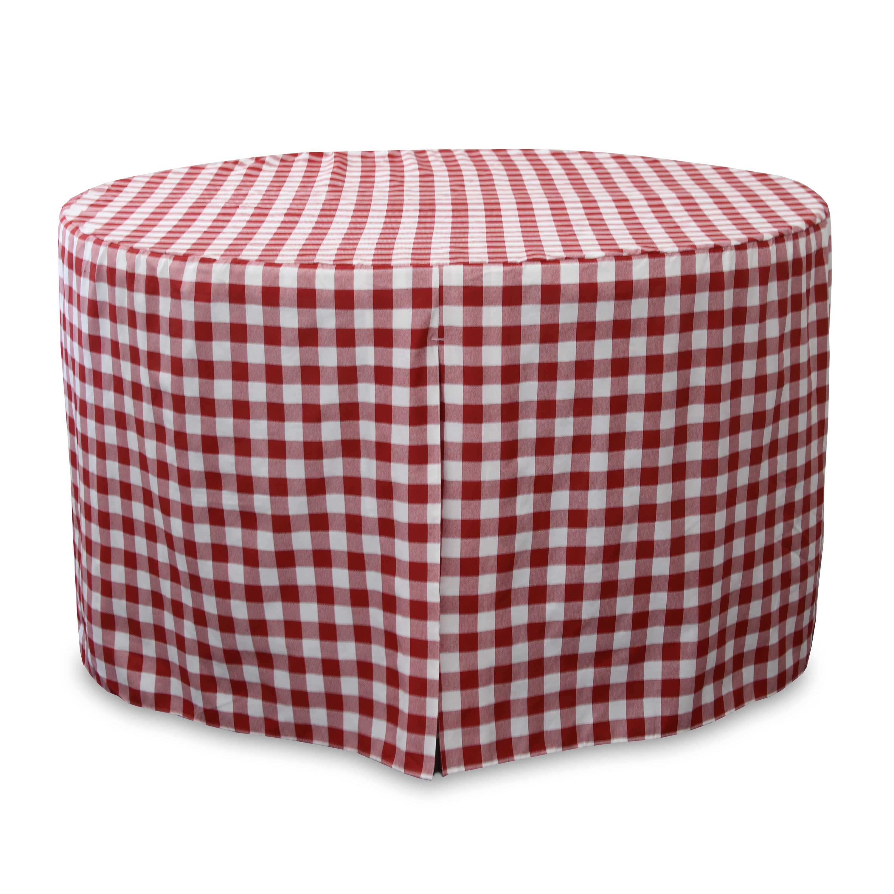 Round table cover with a red and white checkered pattern, designed for a 48-inch table.