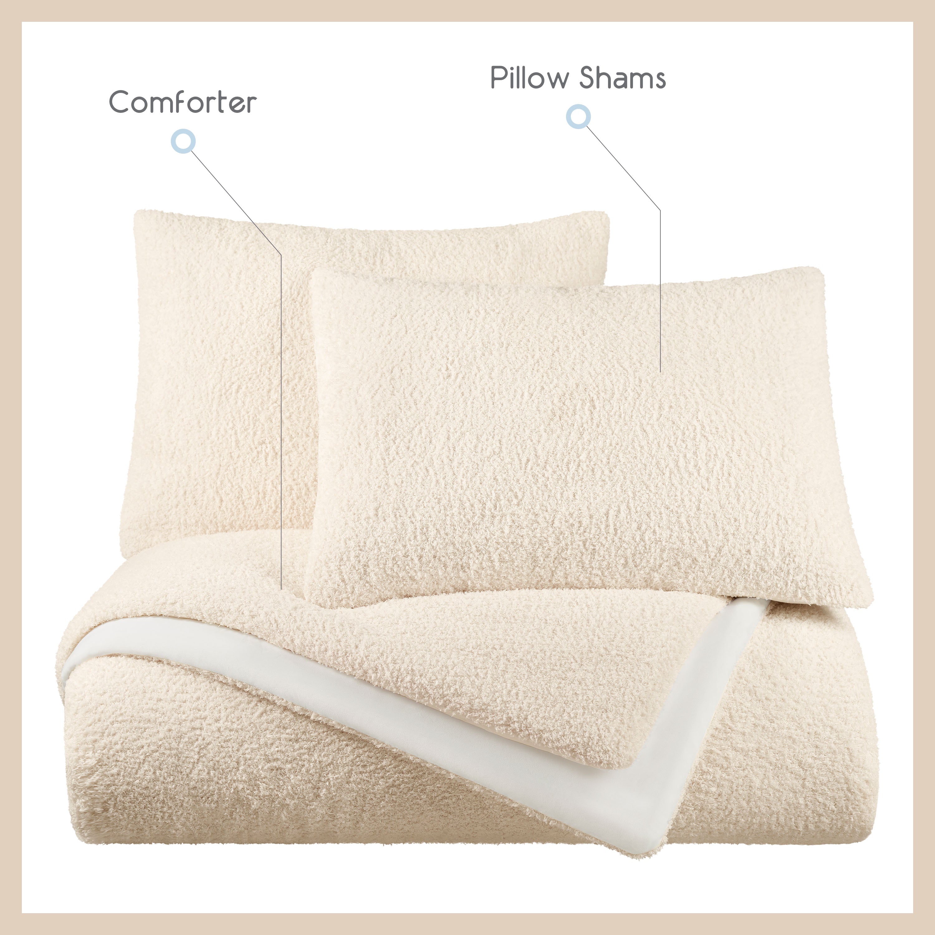 Cream-colored comforter set featuring a textured comforter and two matching pillow shams.