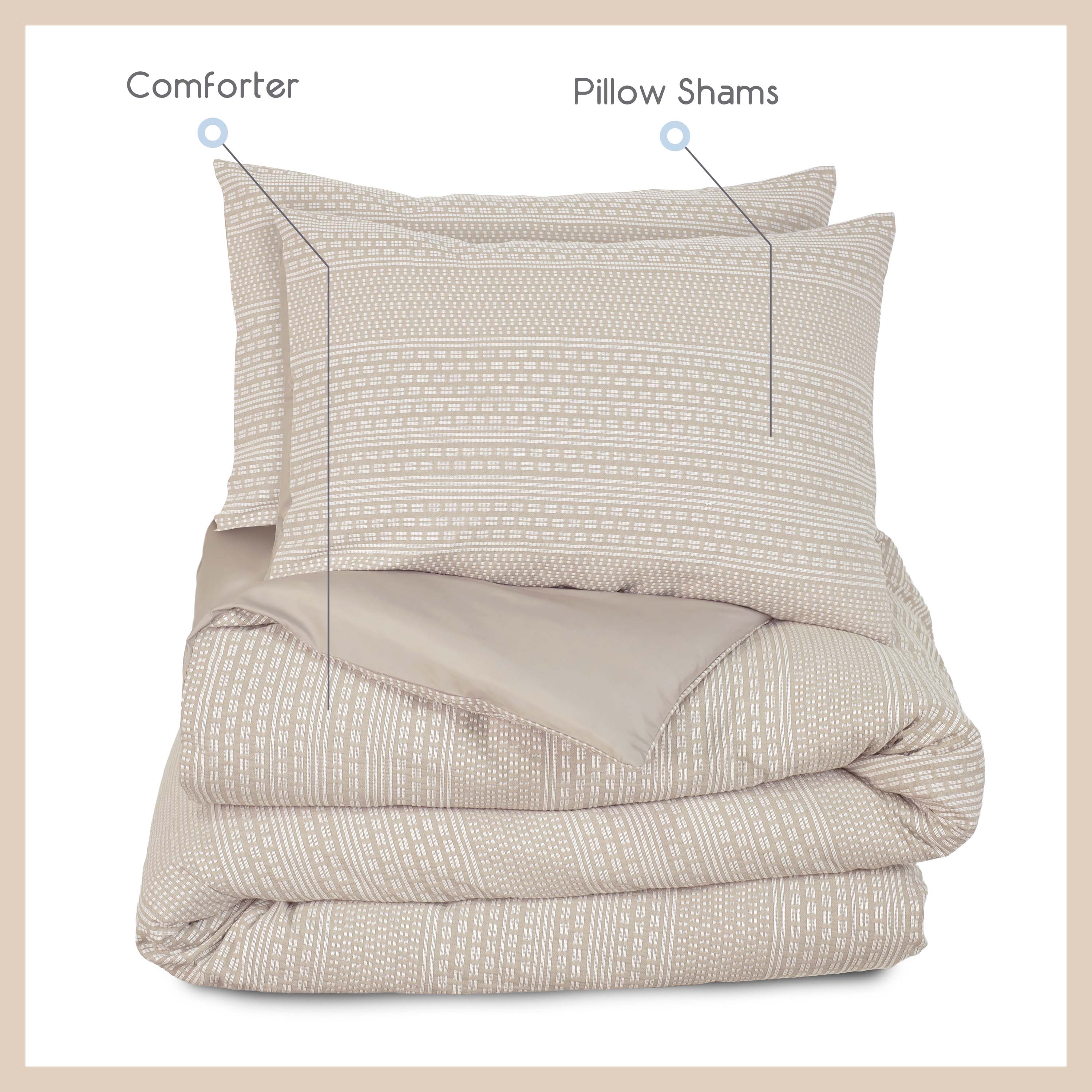 Comforter set featuring a patterned comforter and two matching pillow shams in neutral tones.