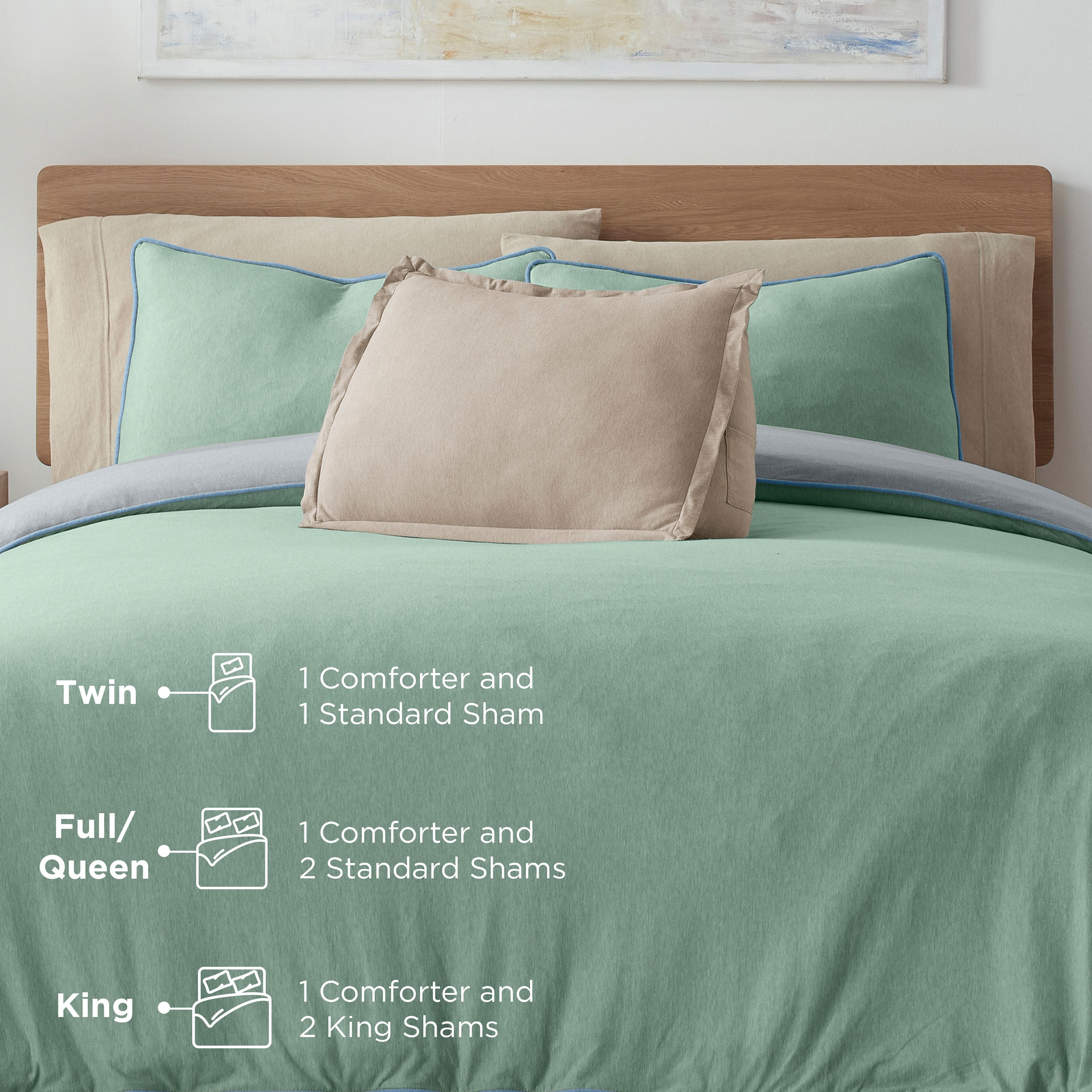 Comforter set displayed on a bed with various pillows, featuring options for Twin, Full/Queen, and King sizes.