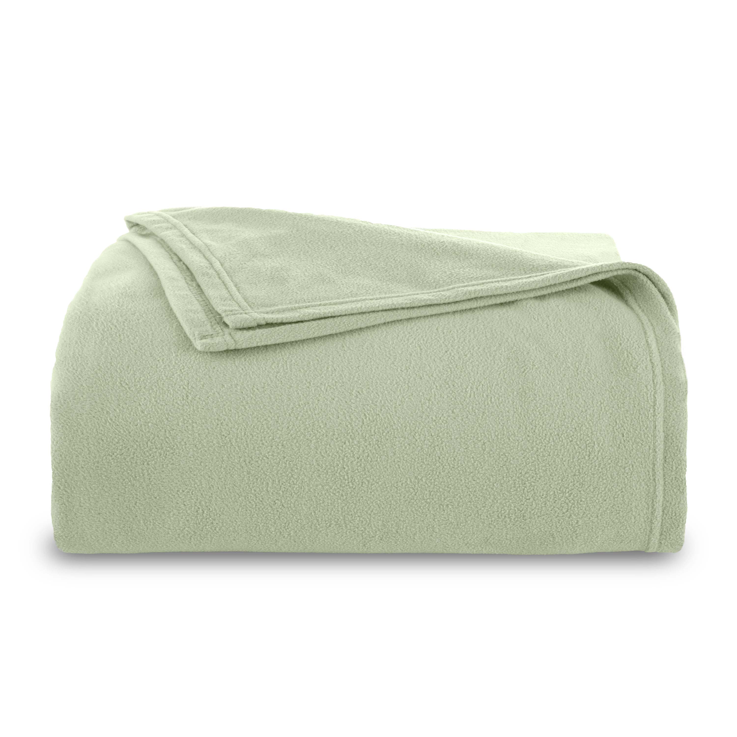 Light green micro fleece blanket folded neatly with a stitched edge.