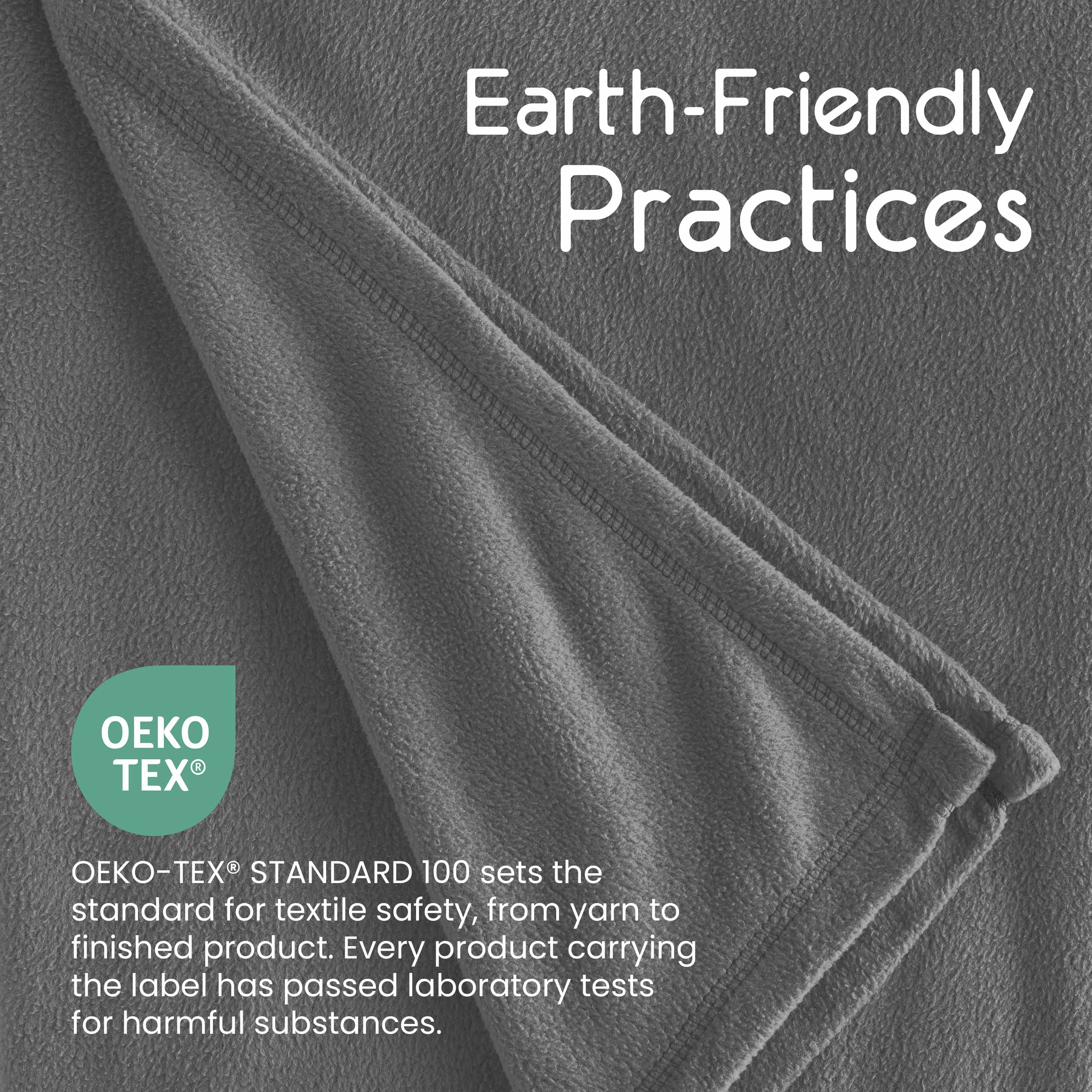 Gray micro fleece blanket with a soft texture and stitched edges, featuring Oeko-Tex certification label.