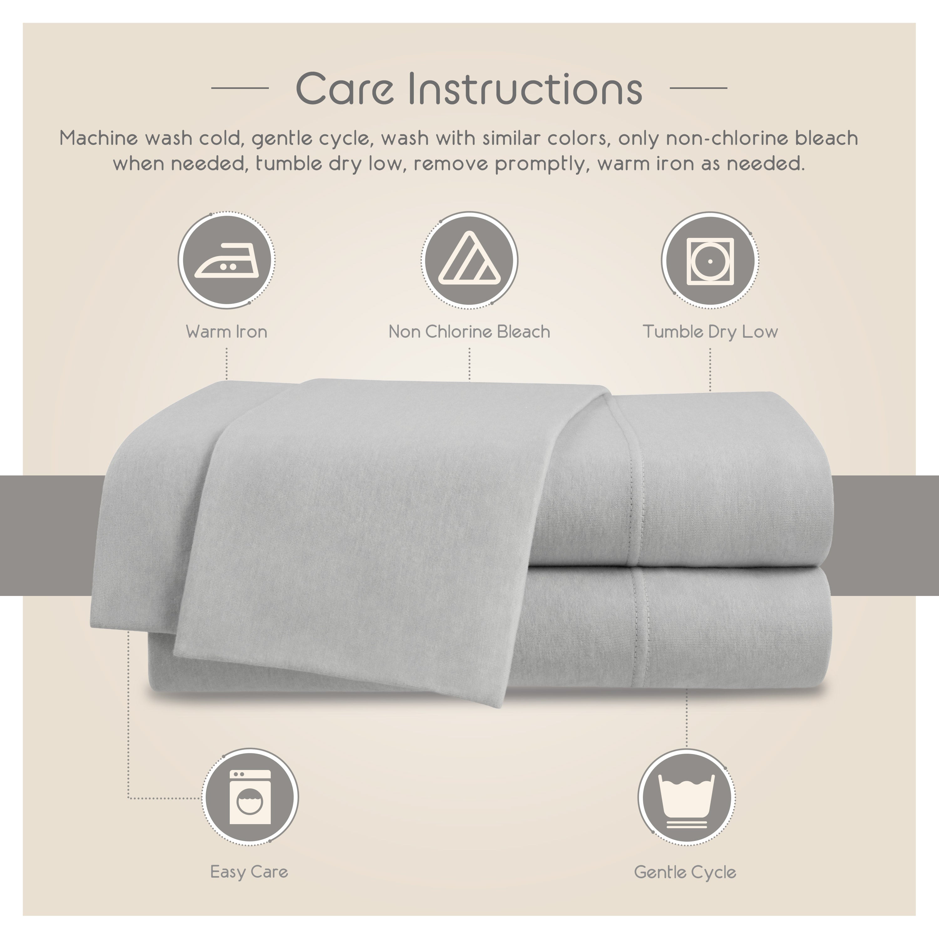 Care instructions for a light gray sheet set, detailing washing and drying guidelines.