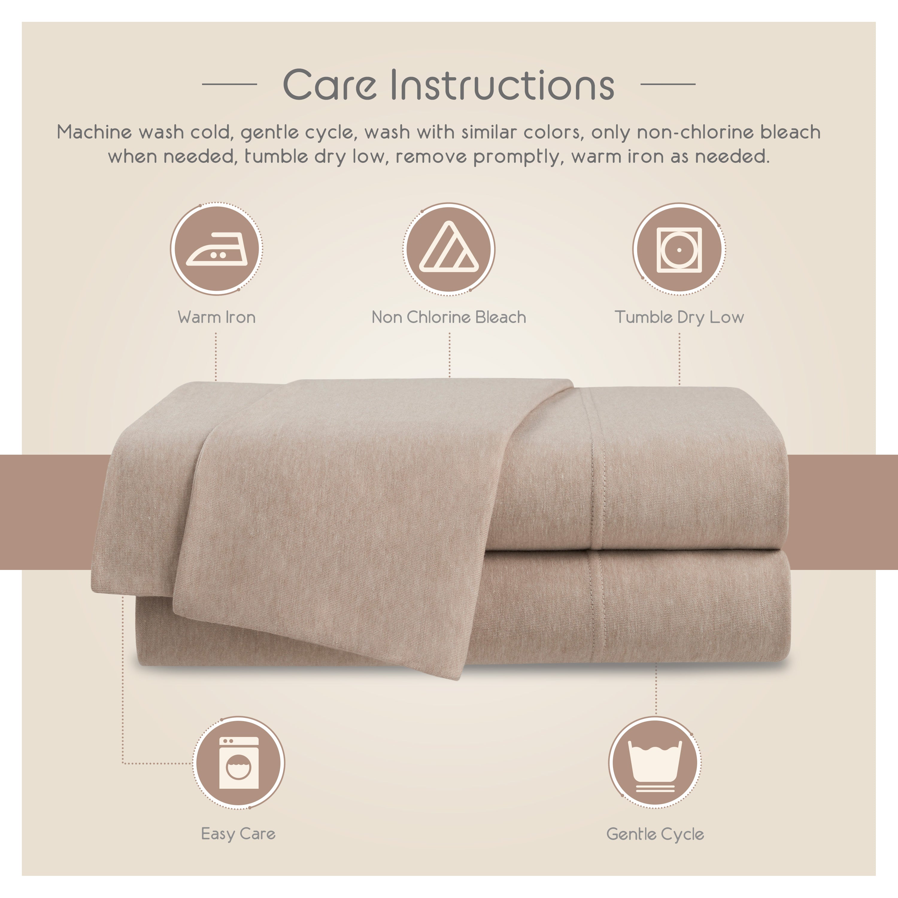 Care instructions for a beige sheet set, including washing, drying, and ironing guidelines.