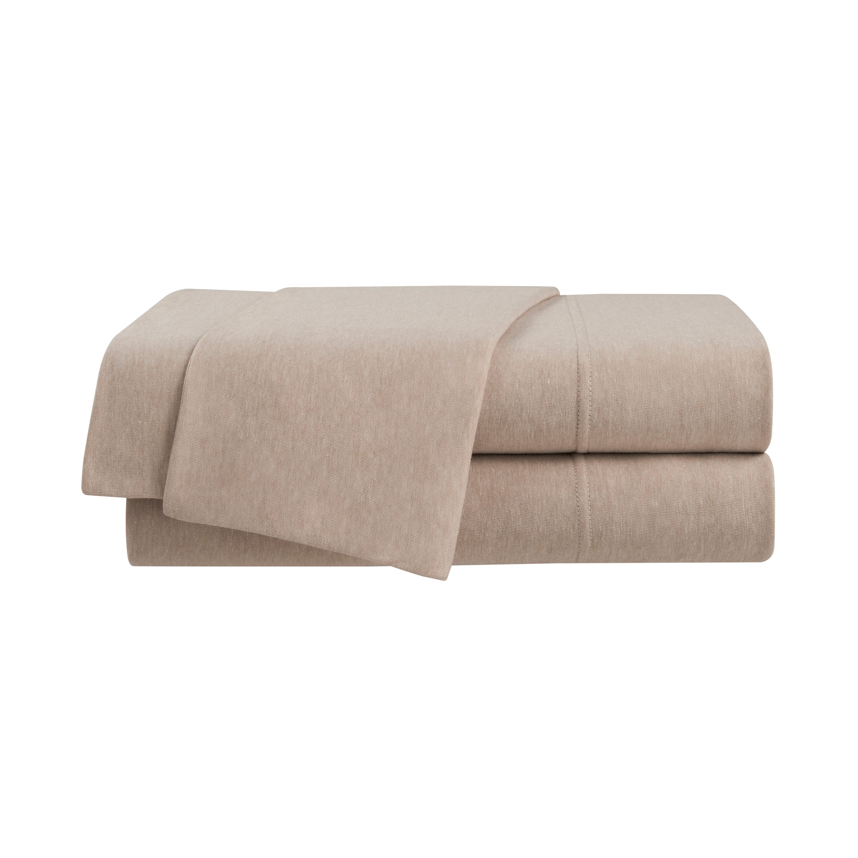Beige sheet set stacked neatly with a soft texture and visible stitching details.
