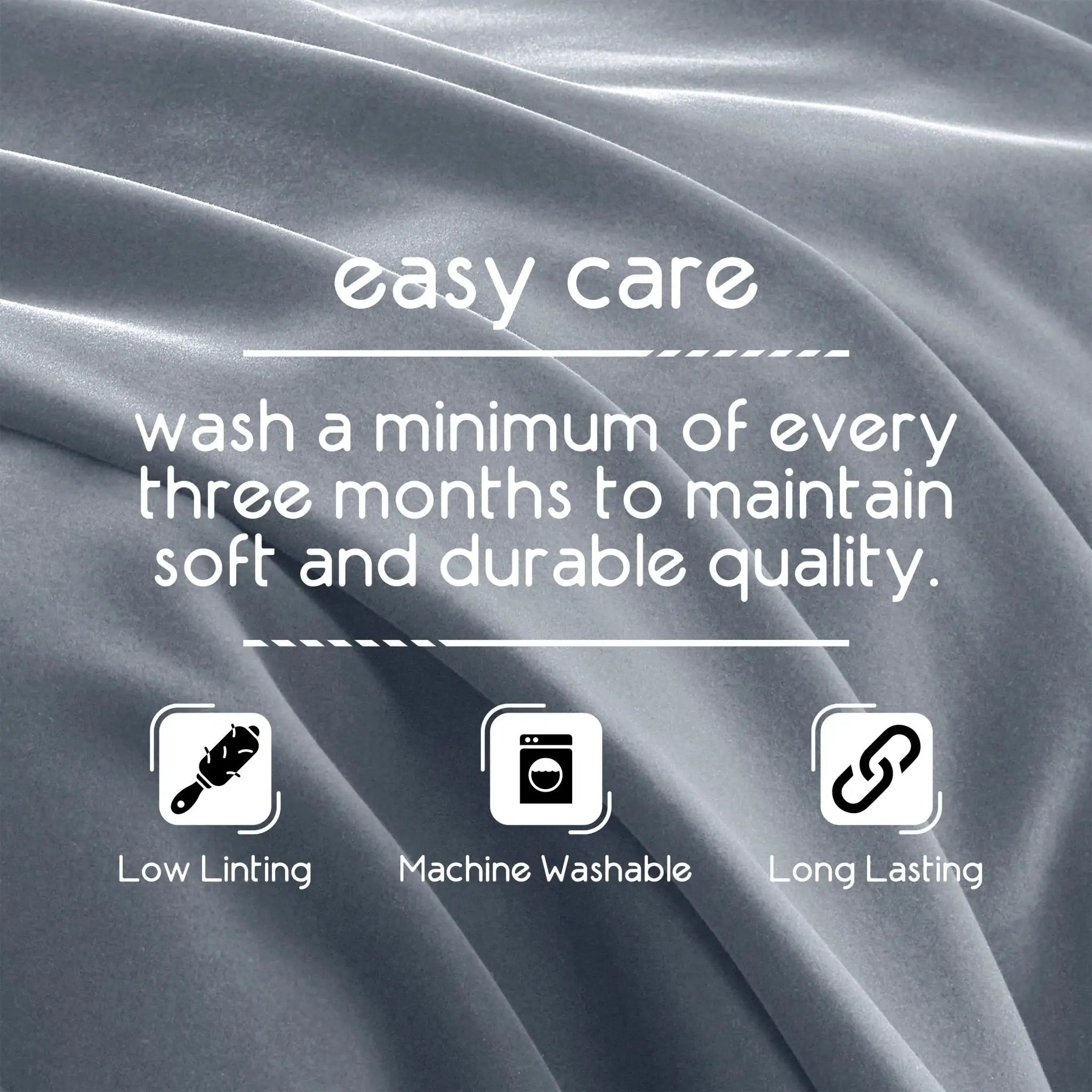 Gray fabric with care instructions text and icons on a gray background