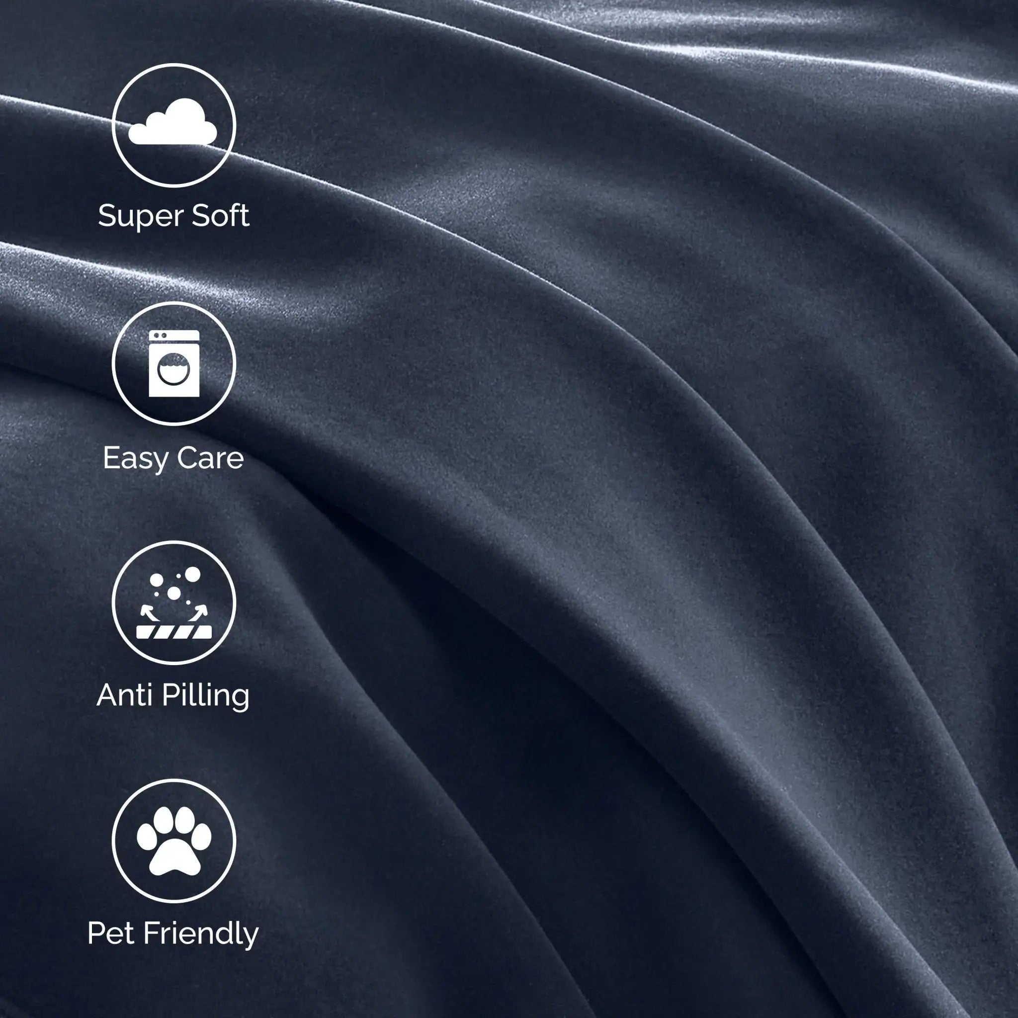 Dark fabric with icons and text highlighting features like super soft, easy care, anti-pilling, and pet friendly.
