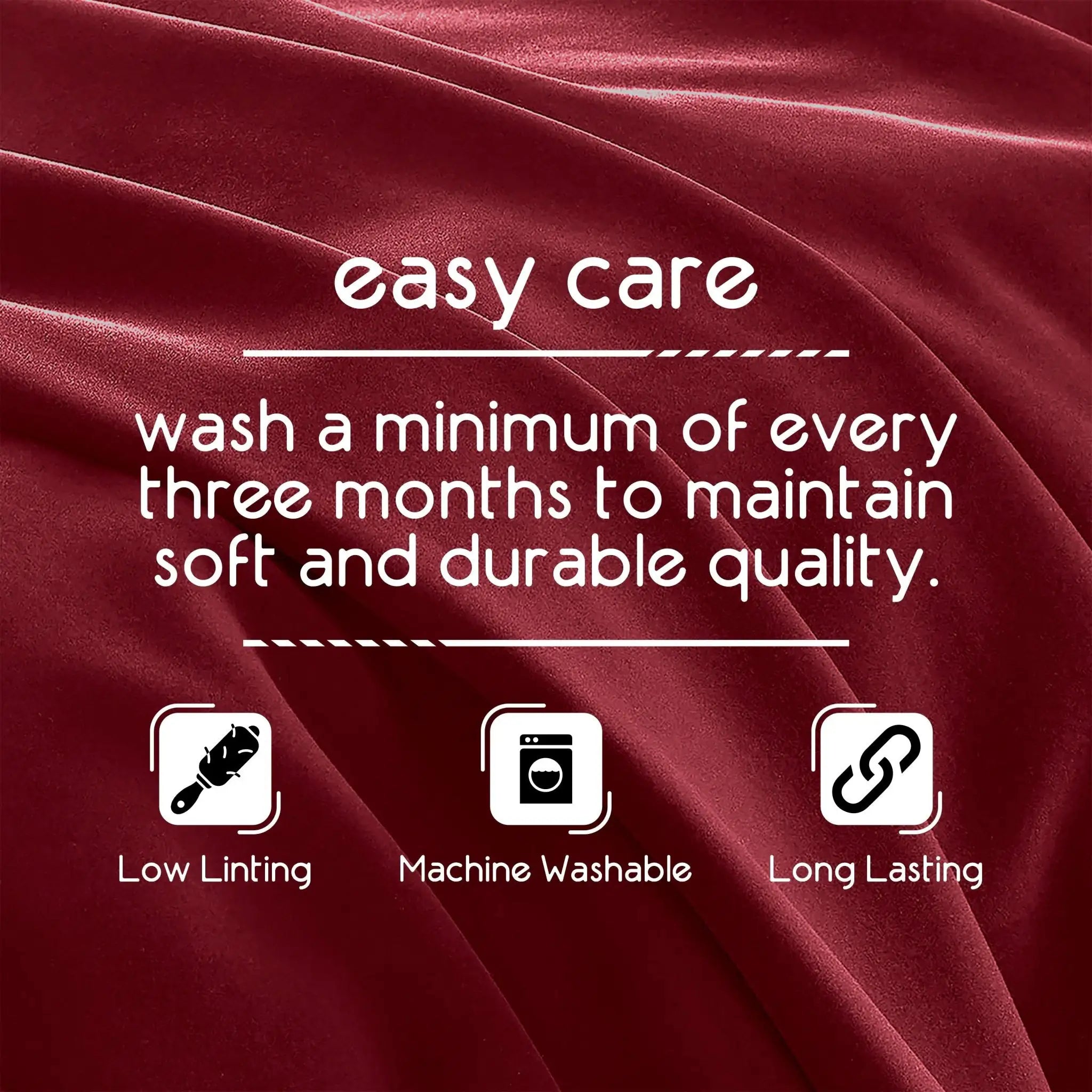 Red fabric with care instructions text and icons on a red background