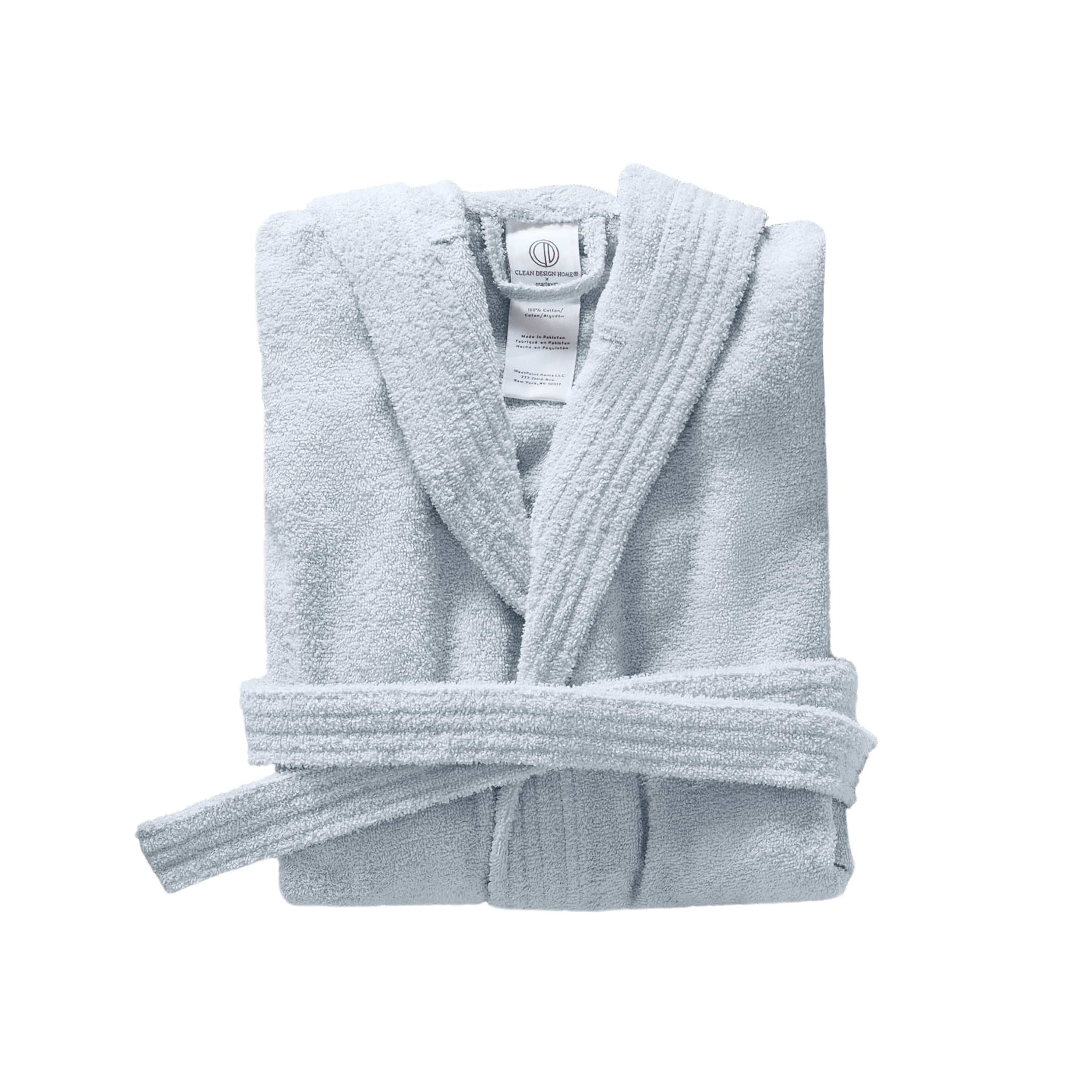 Light blue hooded bath robe folded with a tie belt and textured fabric.