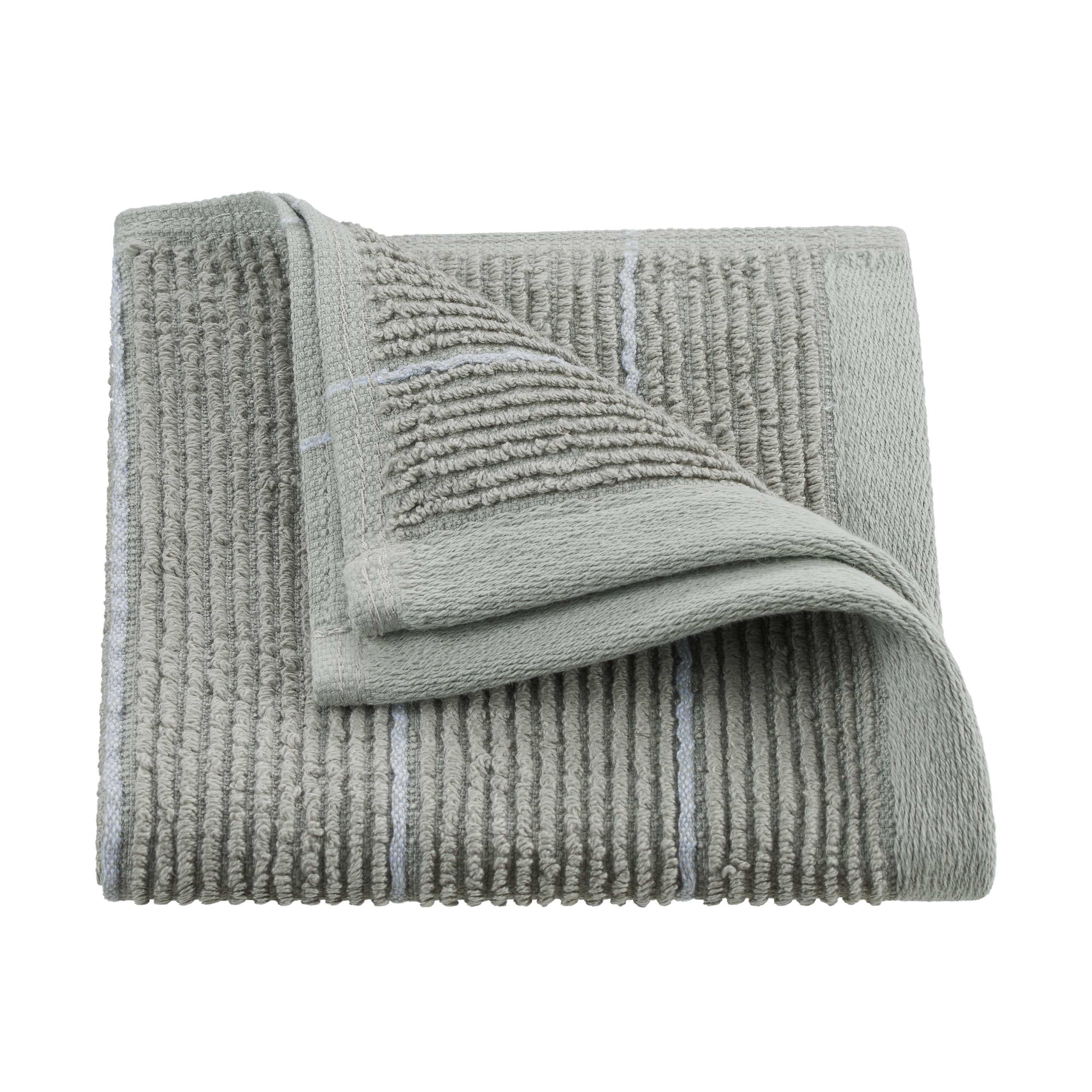 Soft gray towel with textured stripes and a folded corner, showcasing a plush surface.