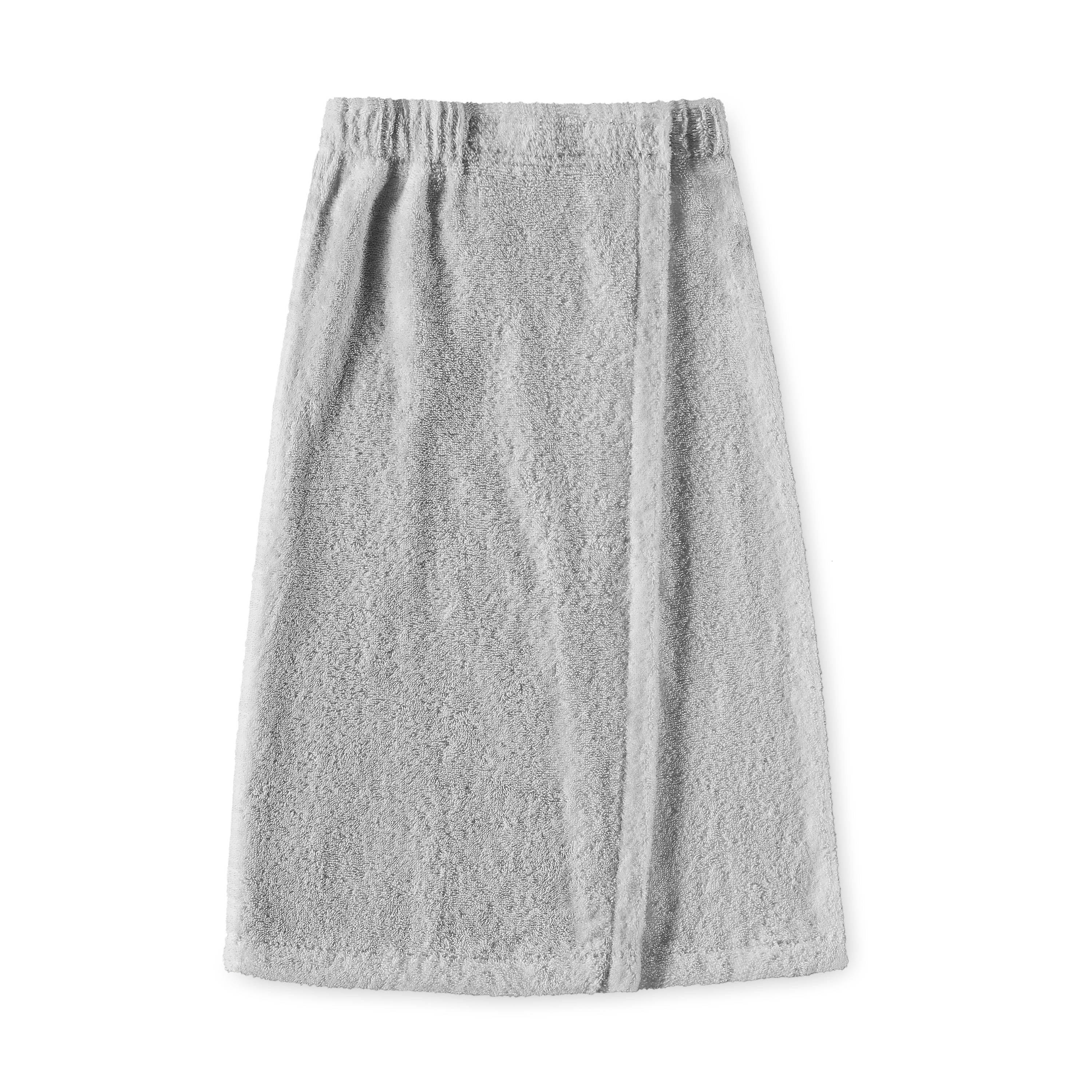 Gray youth shower wrap with an elastic waistband and soft, textured fabric.