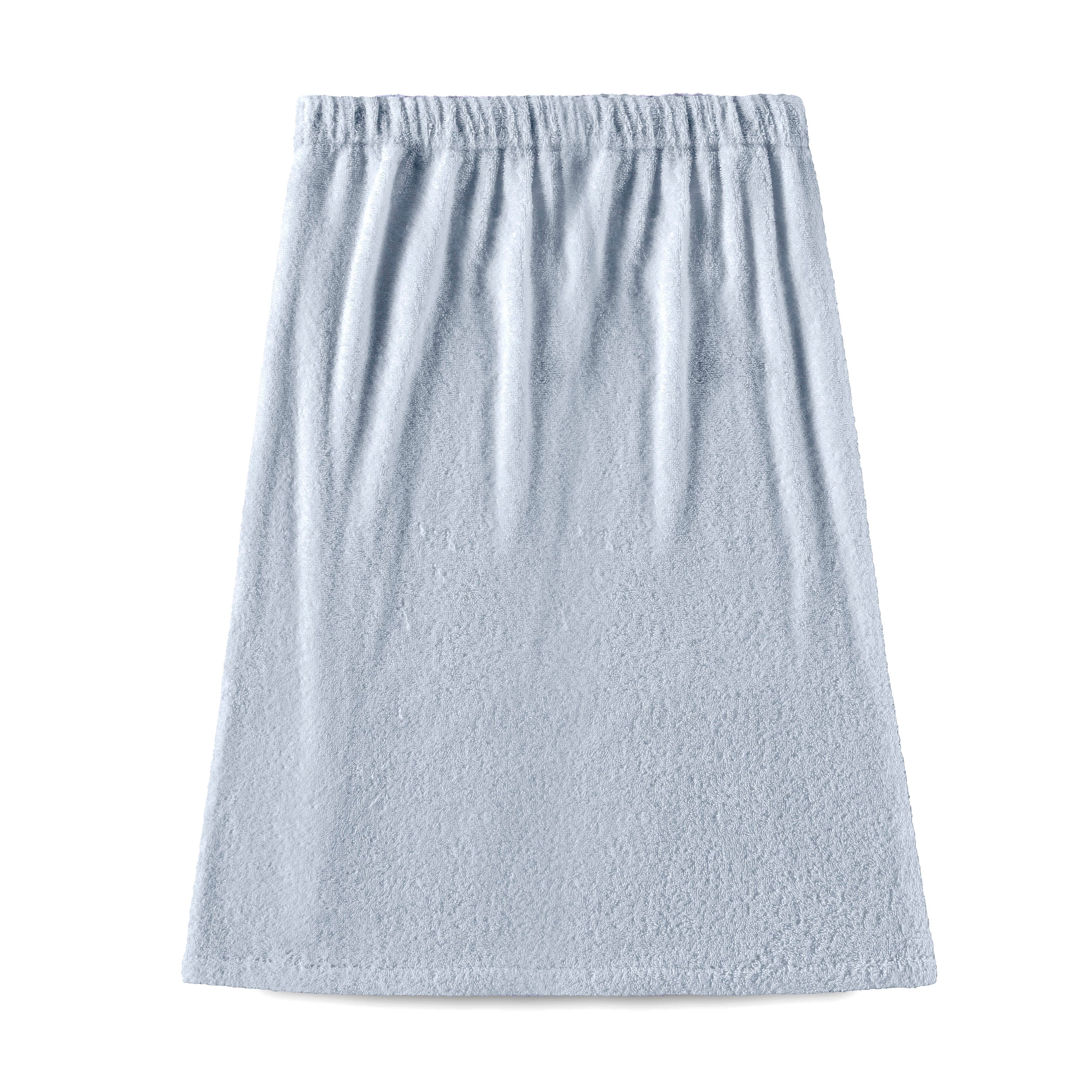 Light blue adult shower wrap with an elastic waistband and soft, textured fabric.