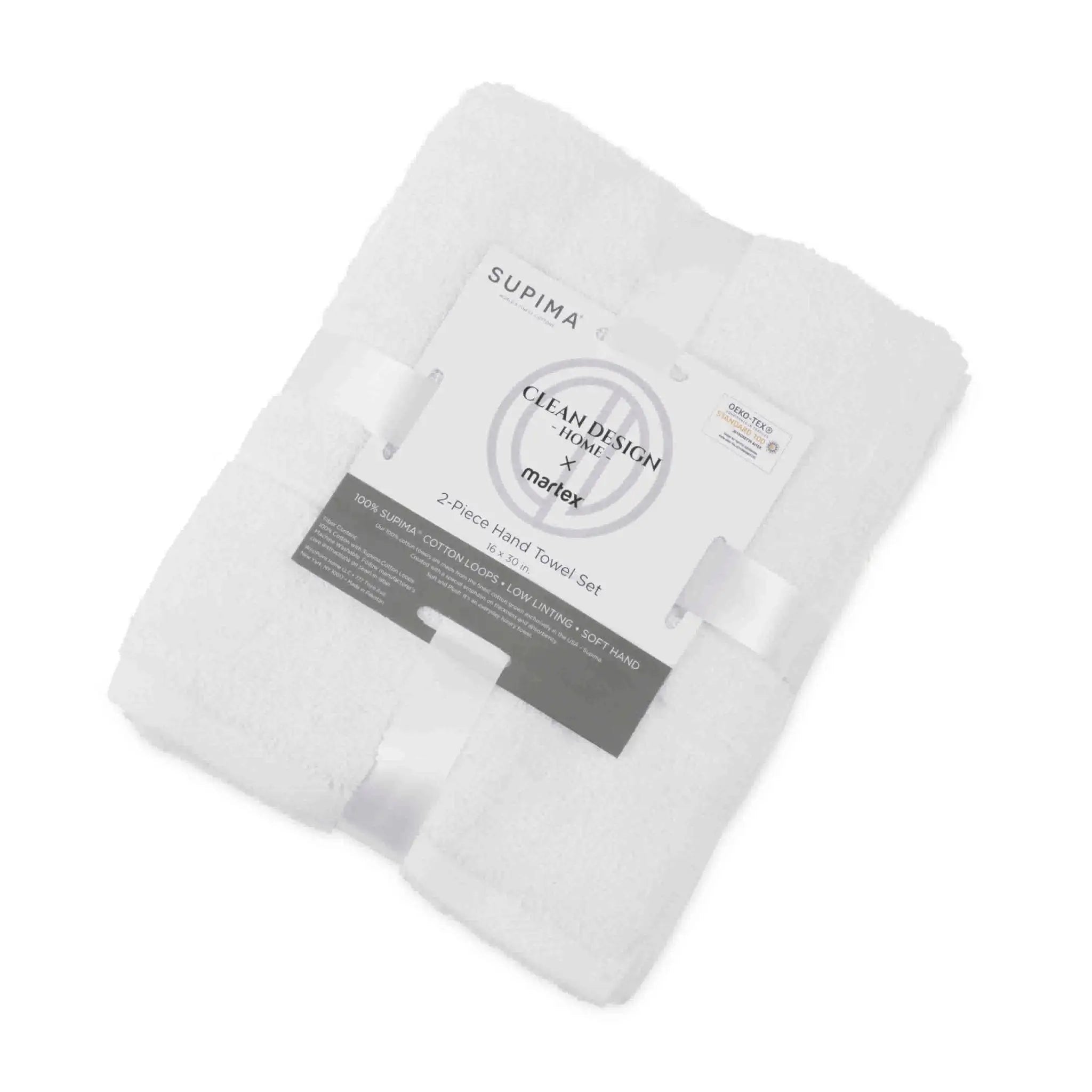 A folded set of two white terry hand towels wrapped in white ribbons with a paper label that reads 'SUPIMA' and 'Clean Design by Martex'.