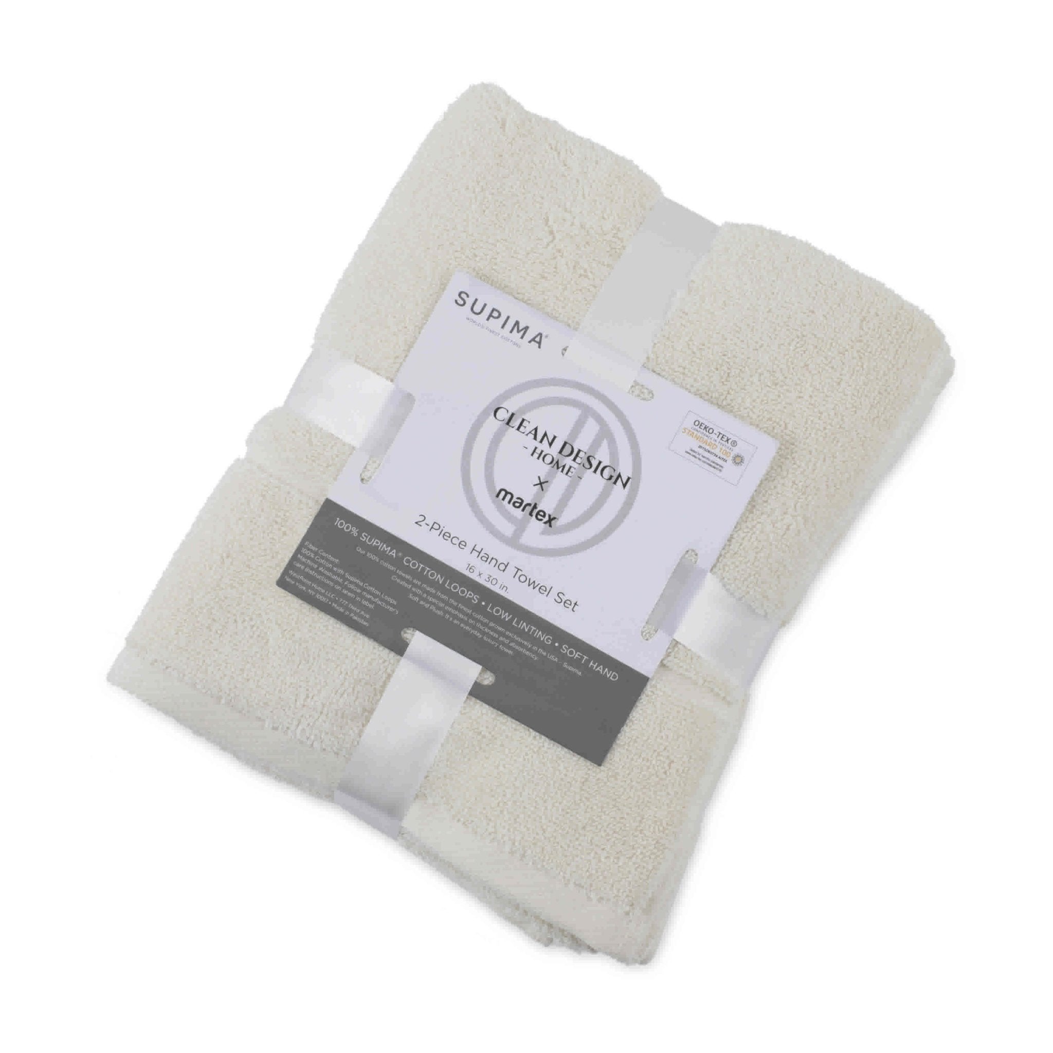 Set of two ivory hand towels with a visible brand label on a white background