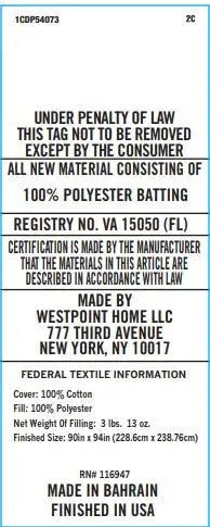 Text label for cotton batting with certification details and manufacturing information.
