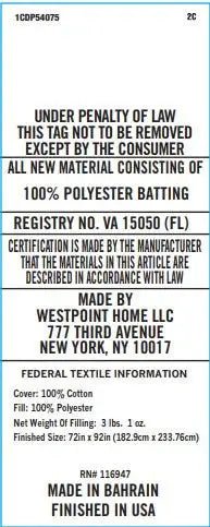 Text label for cotton batting with certification details and manufacturing information.