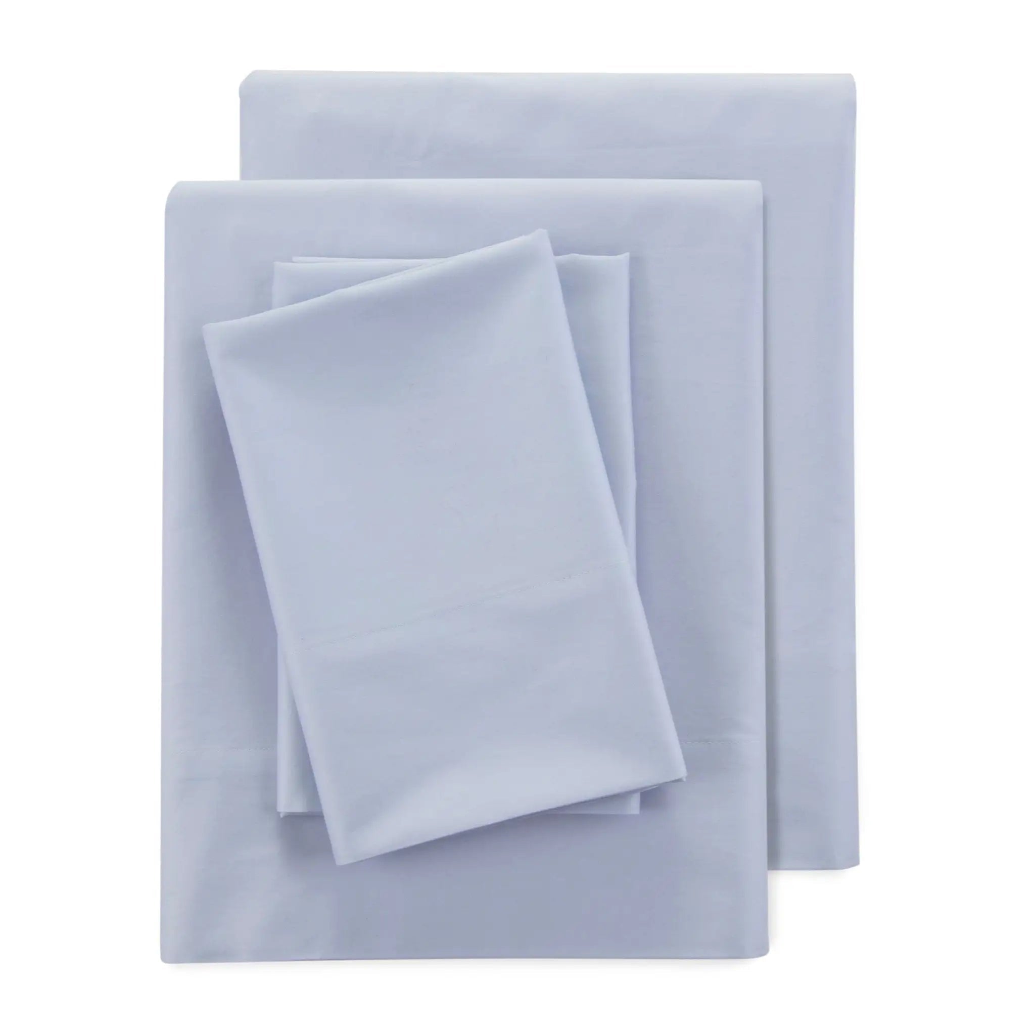 A stack of light blue-gray bedding sheets, including a flat sheet and pillowcases, neatly folded on a solid white background.