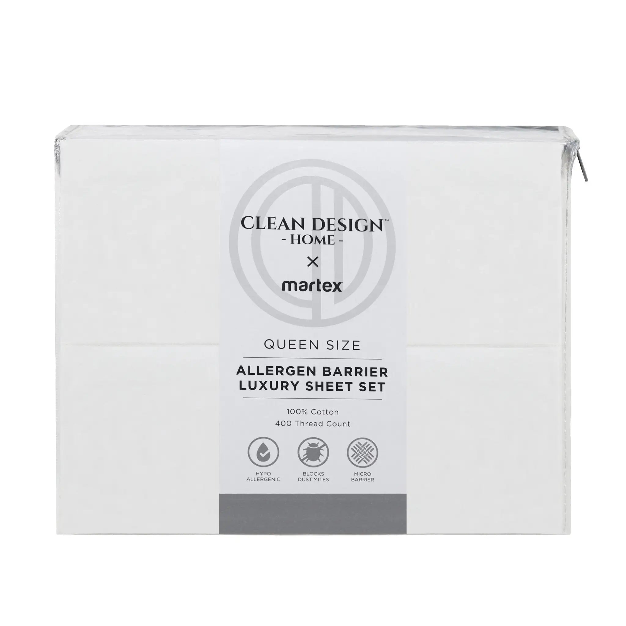 A white zippered box for a Queen Size Allergen Barrier Luxury Sheet Set by Clean Design Home x matex, shown on a plain white background.