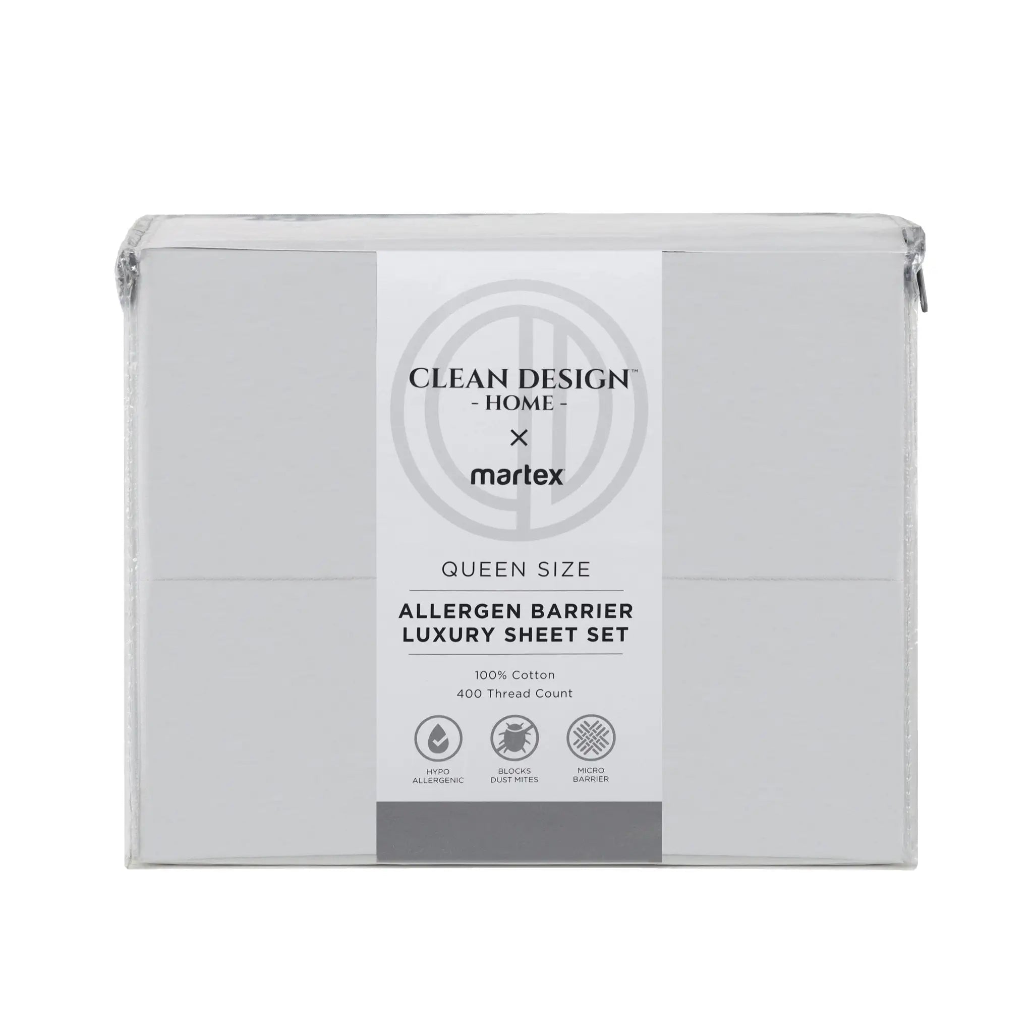 A packaged sheet set box labeled 'Clean Design Home x martex' for a Queen Size Allergen Barrier Luxury Sheet Set, shown on a plain white background.