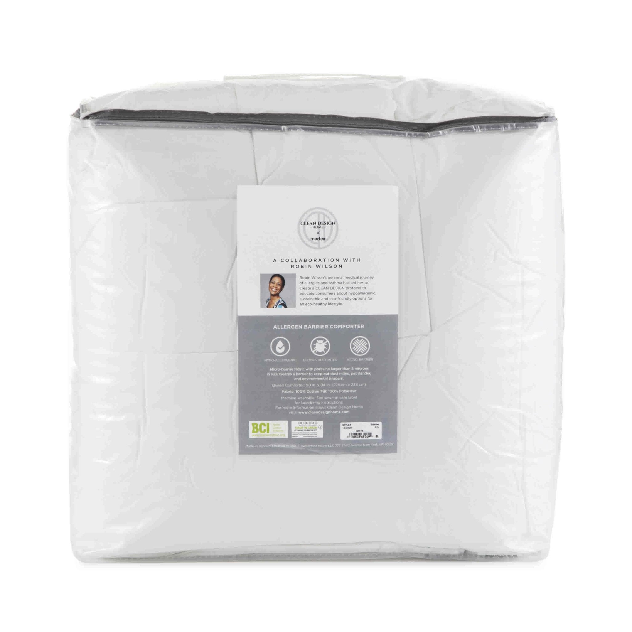 Back view of packaged comforter with a label on a white background