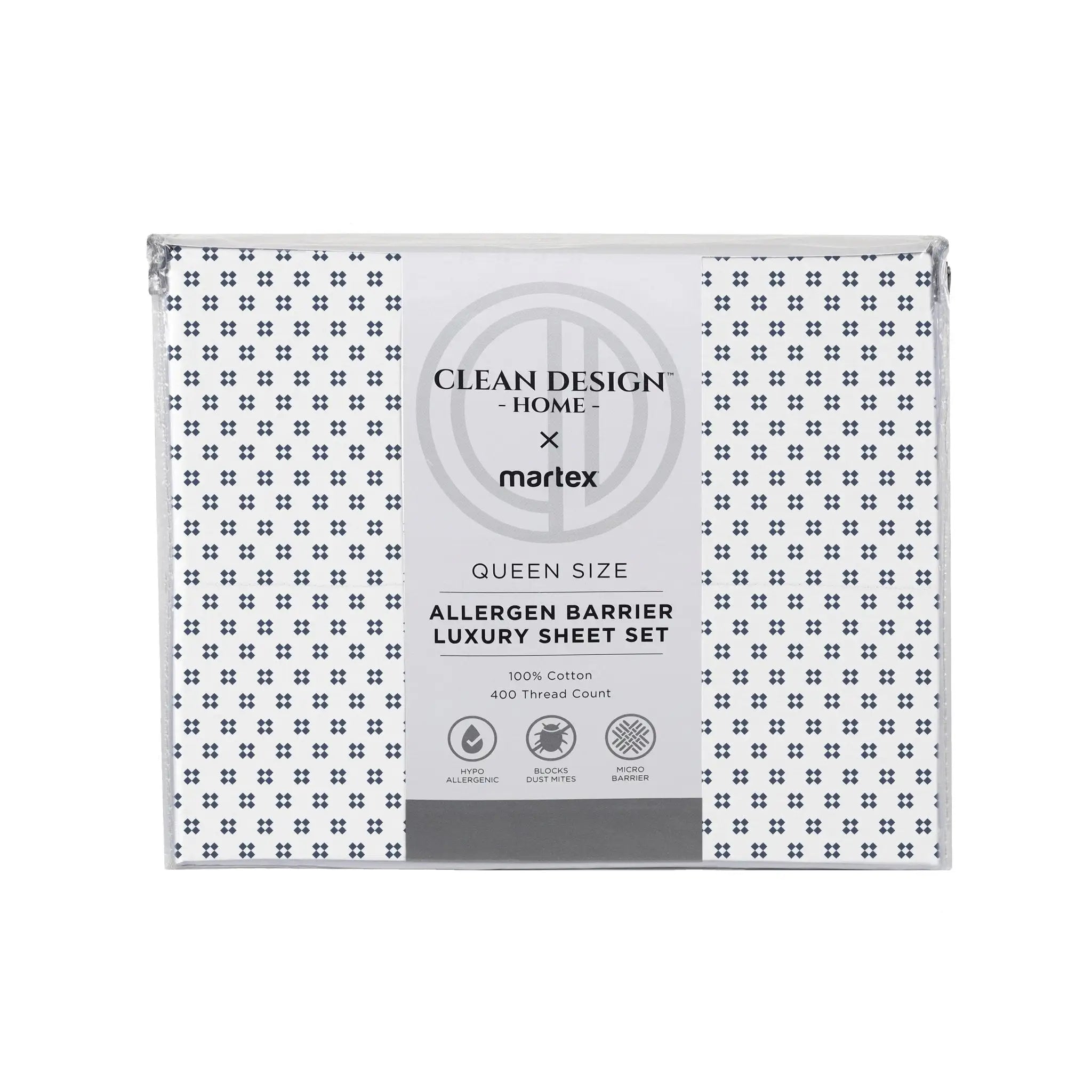 Packaged Queen Size Allergen Barrier Luxury Sheet Set with Clean Design Home and Martex branding on a white background.