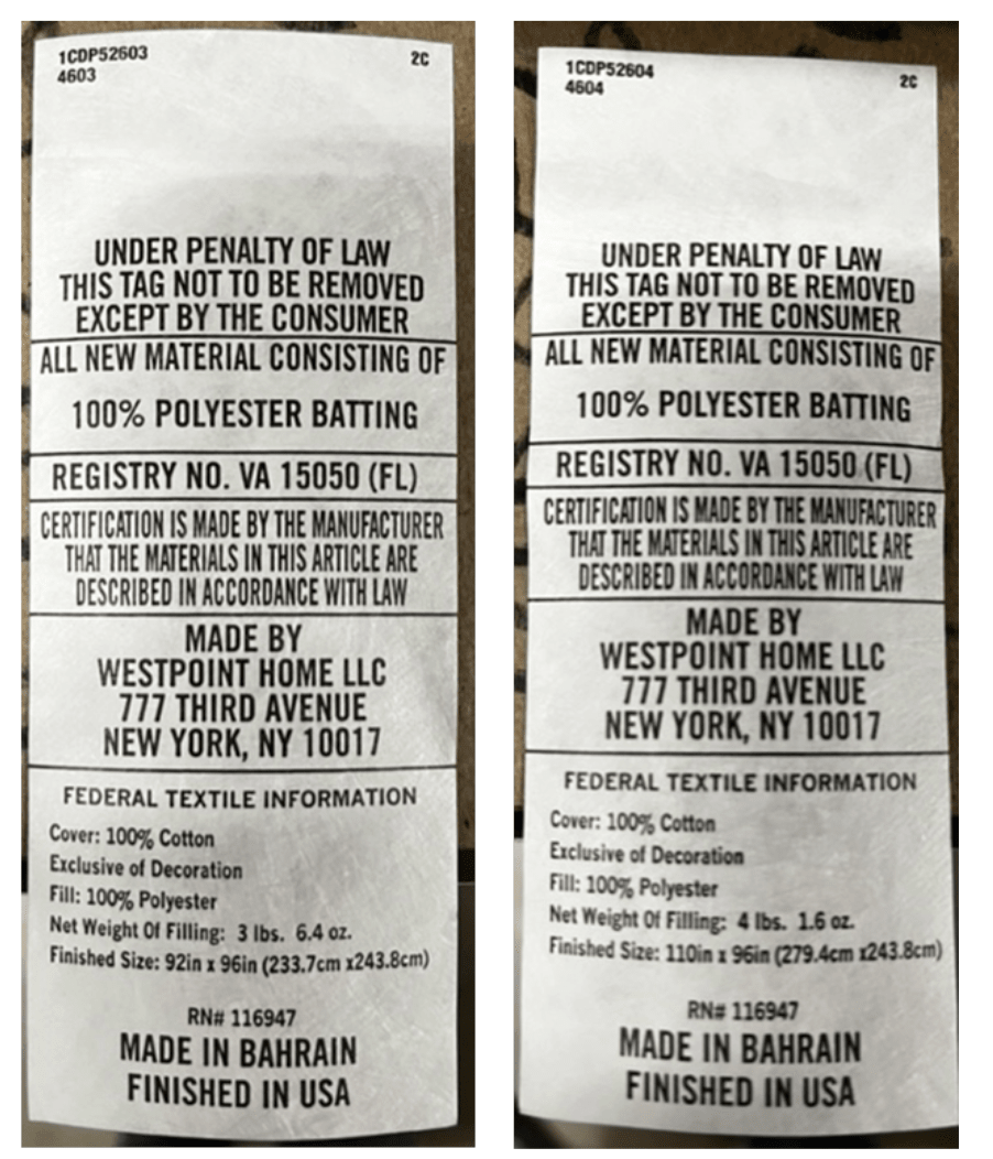 Two labels from Westpoint Home LLC with text and product details.