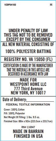Text label with regulatory information, material details, and manufacturing credits on a white background