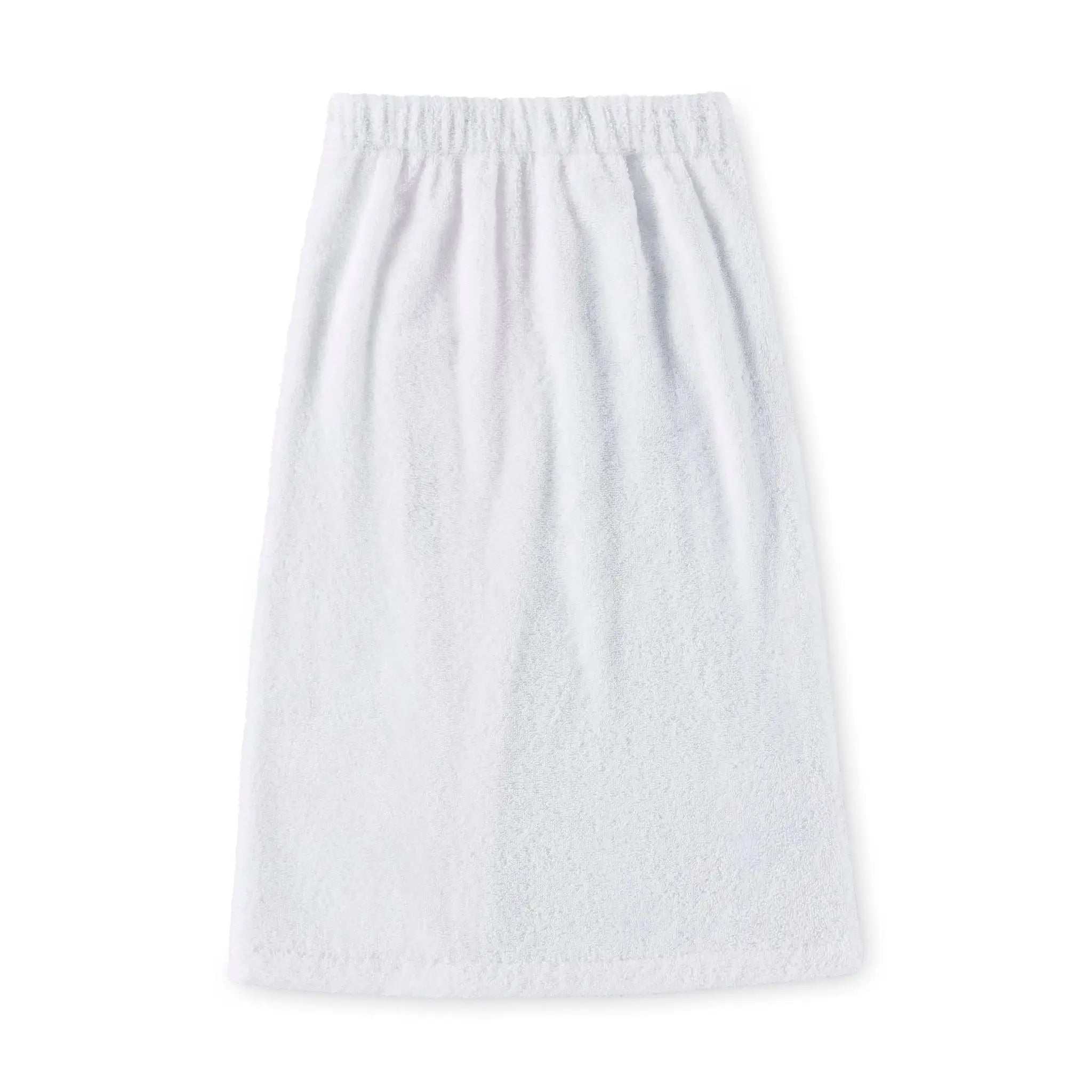 A white cotton shower wrap laid flat against a solid white background.