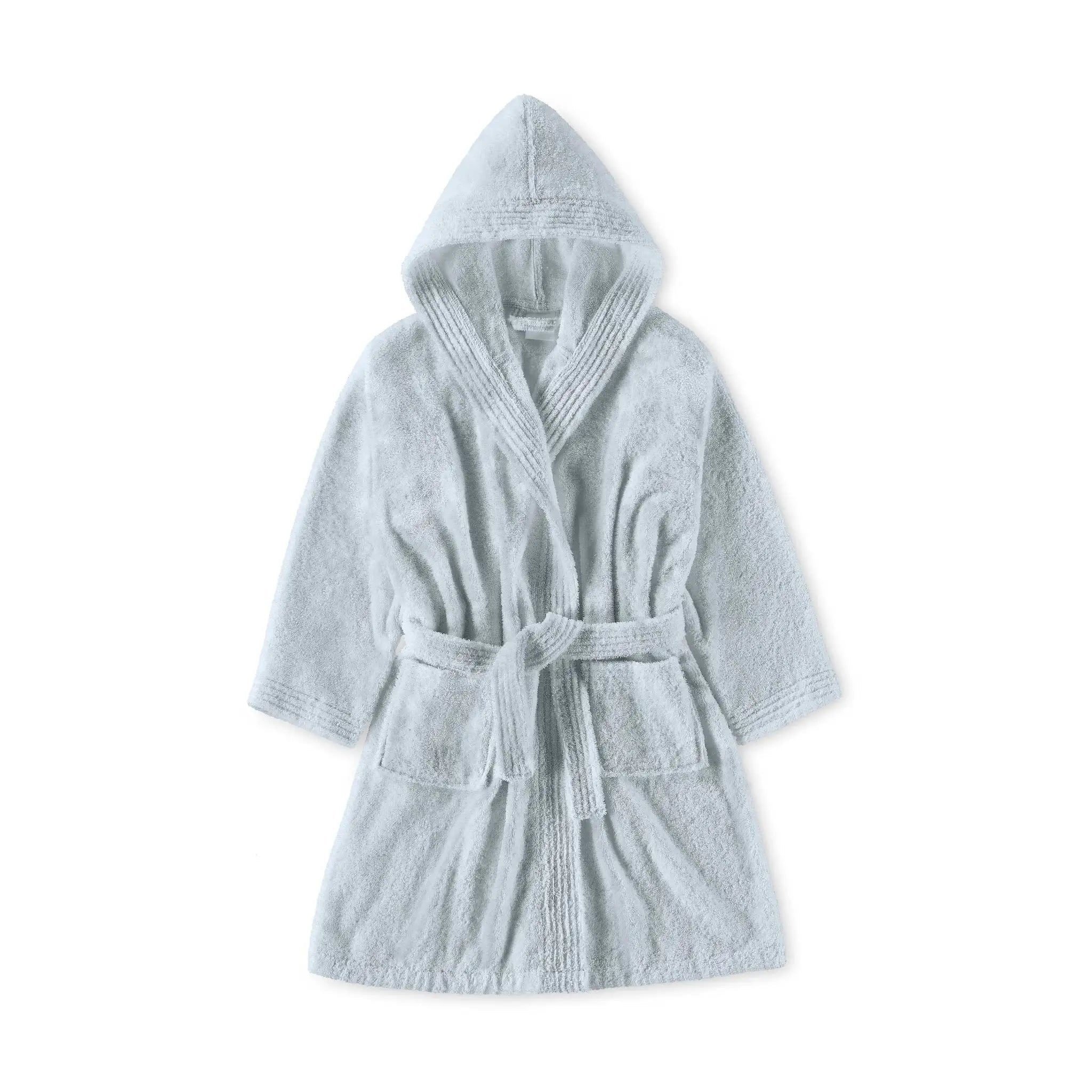 A blue hooded bathrobe with a matching tie belt and front patch pockets, shown flat against a plain white background.