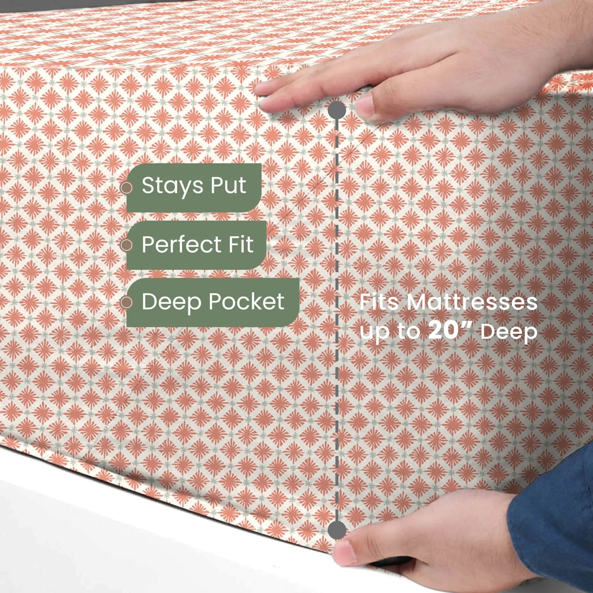 Person holding a mattress cover with text highlighting features and dimensions.