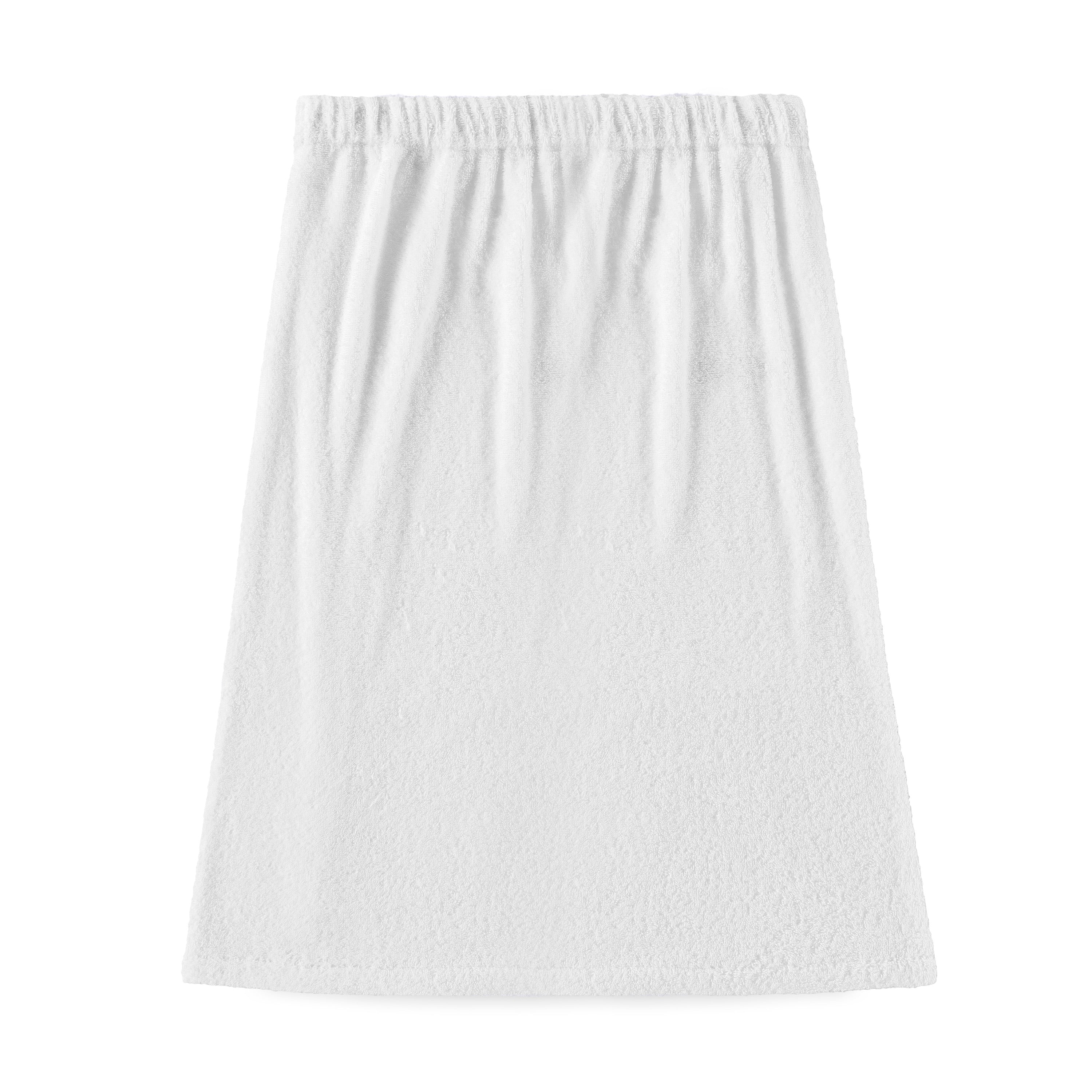 White adult shower wrap with an elastic waistband and a soft, textured fabric.